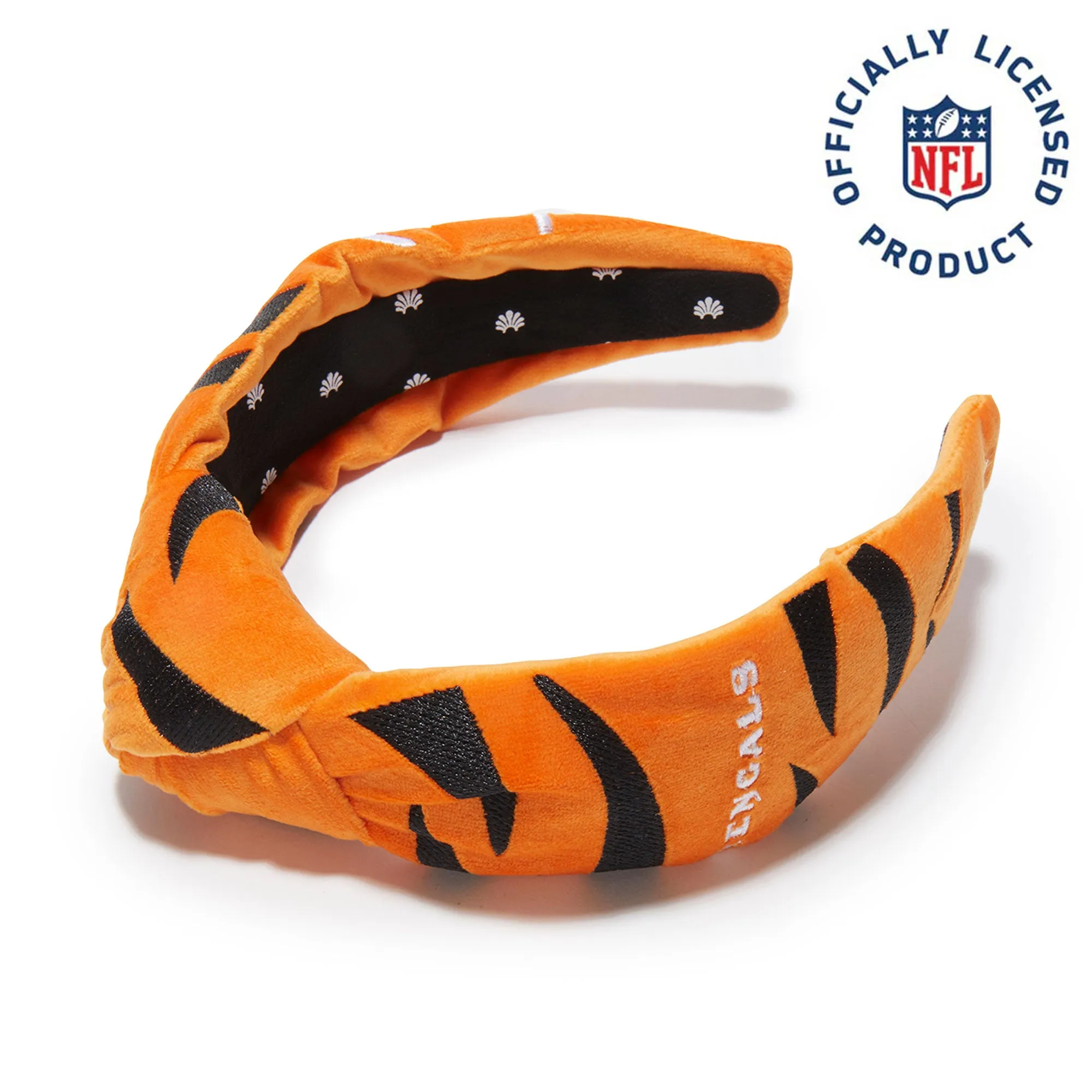 CINCINNATI BENGALS LELE SADOUGHI X NFL ORANGE EMBROIDERED KNOTTED HEADBAND sold by Lele Sadoughi