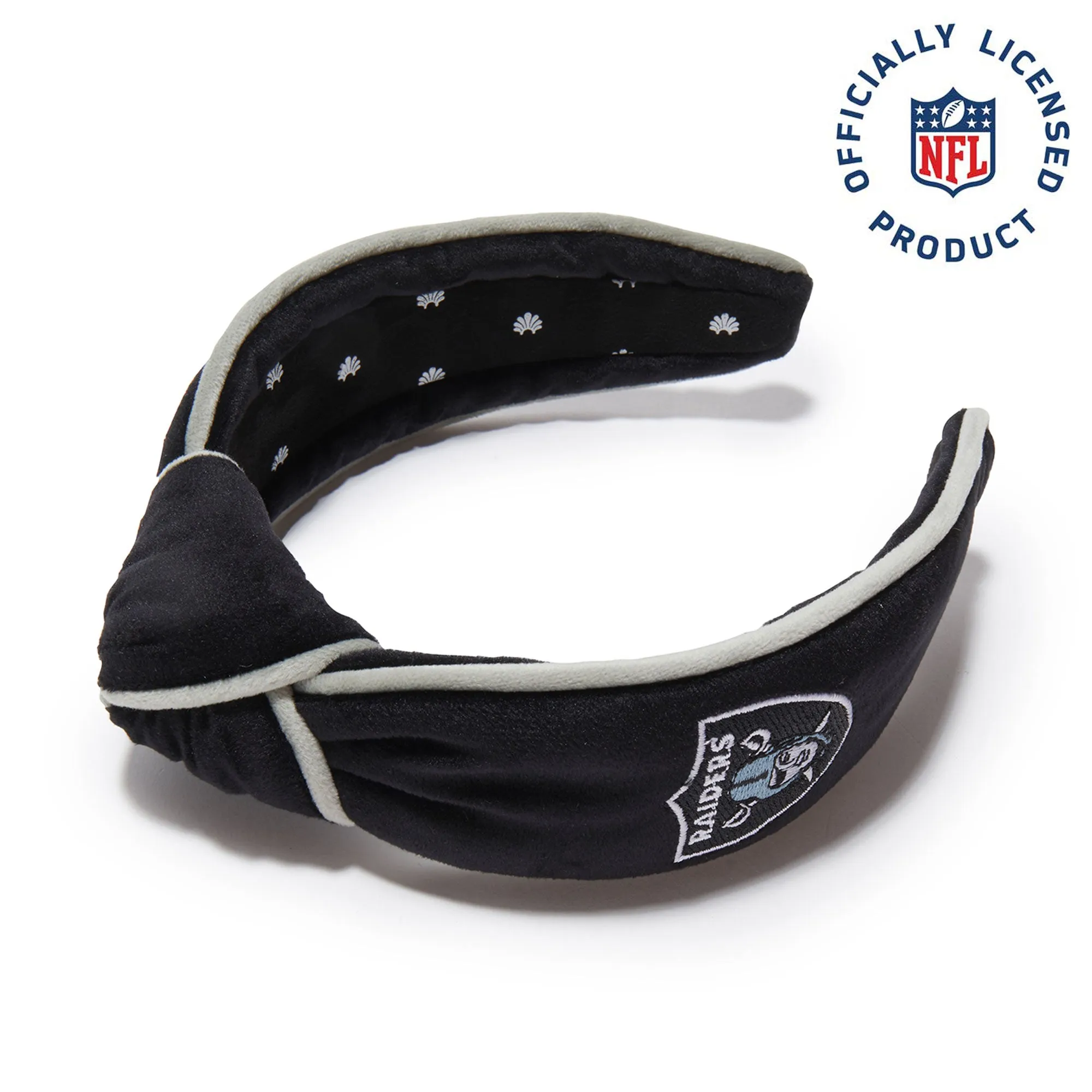 LAS VEGAS RAIDERS LELE SADOUGHI X NFL JET EMBROIDERED KNOTTED HEADBAND sold by Lele Sadoughi