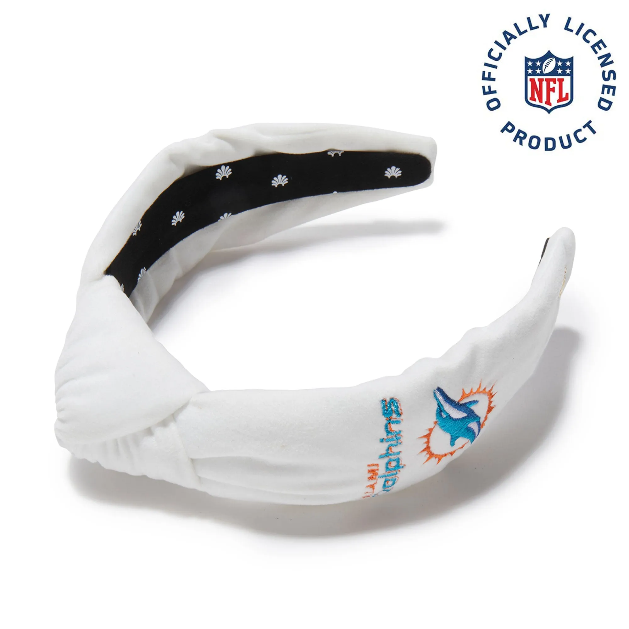 MIAMI DOPHINS LELE SADOUGHI X NFL IVORY EMBROIDERED KNOTTED HEADBAND sold by Lele Sadoughi