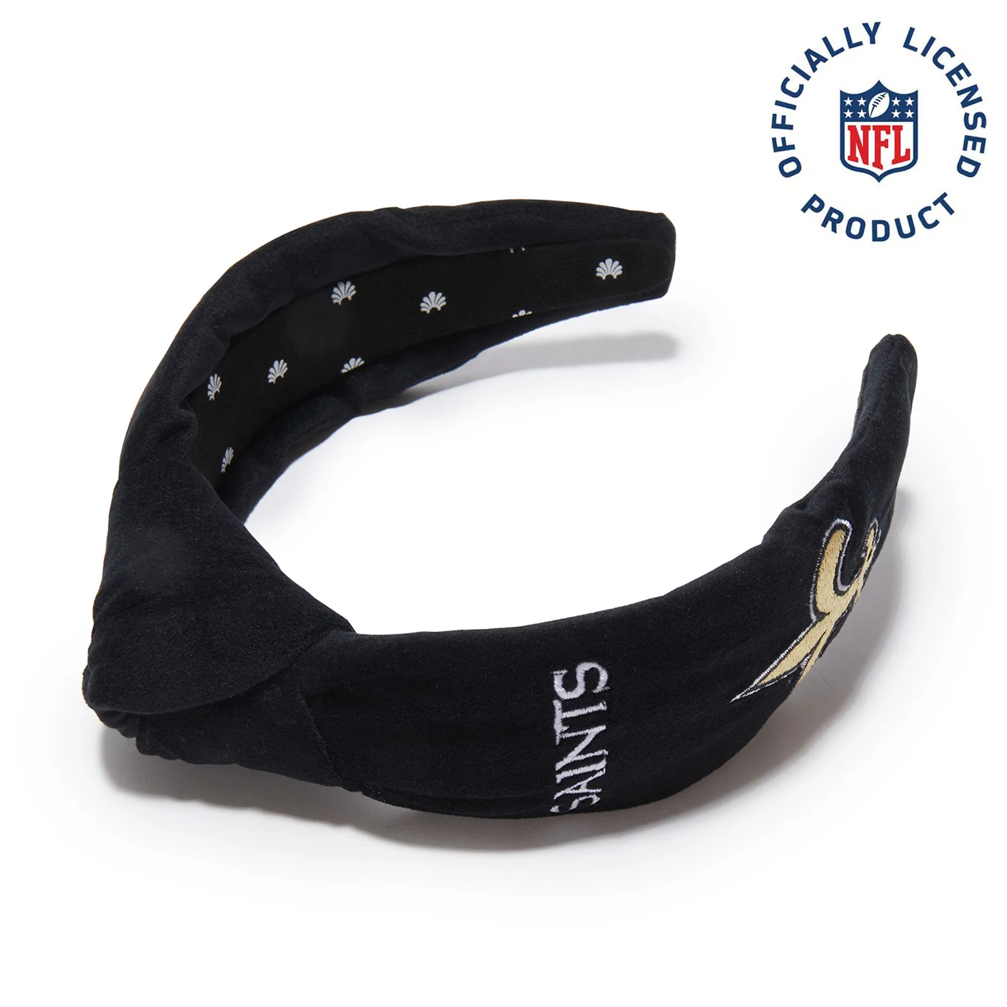 NEW ORLEANS SAINTS LELE SADOUGHI X NFL JET EMBROIDERED KNOTTED HEADBAND sold by Lele Sadoughi