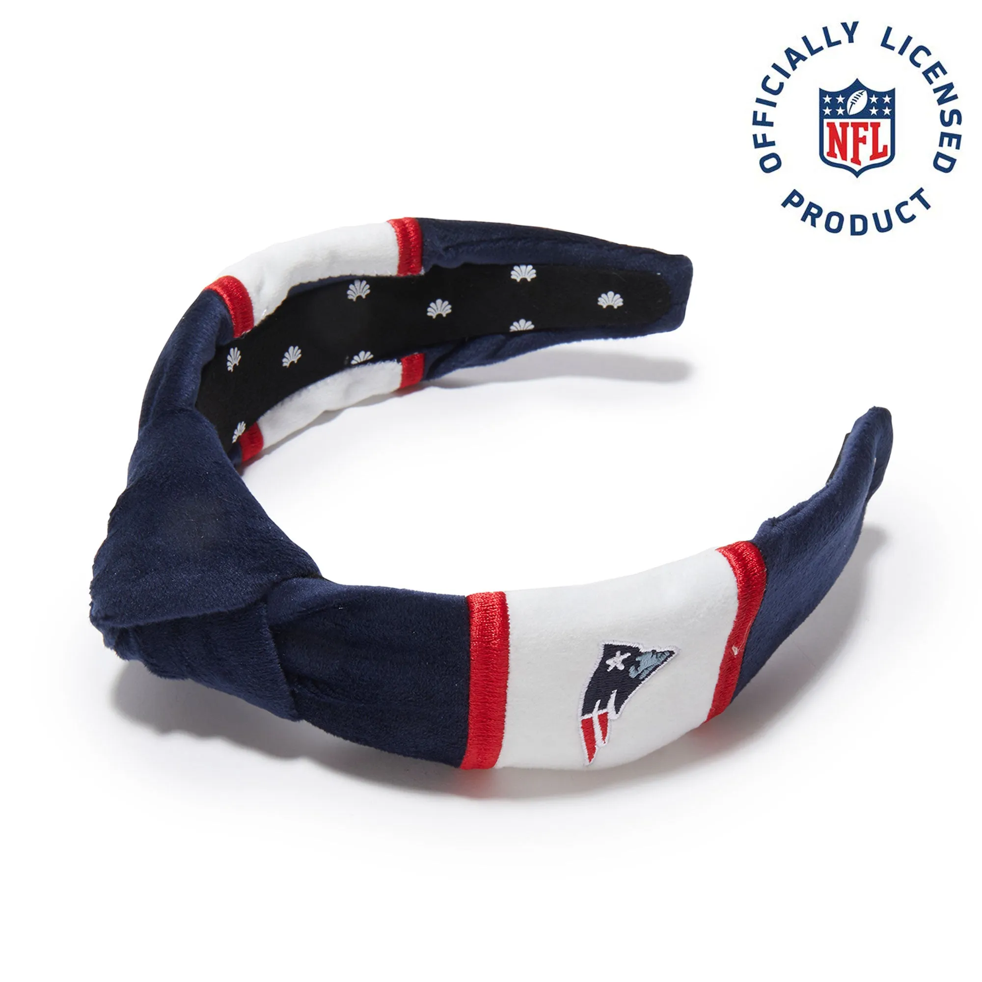 NEW ENGLAND PATRIOTS LELE SADOUGHI X NFL NAVY EMBROIDERED KNOTTED HEADBAND sold by Lele Sadoughi