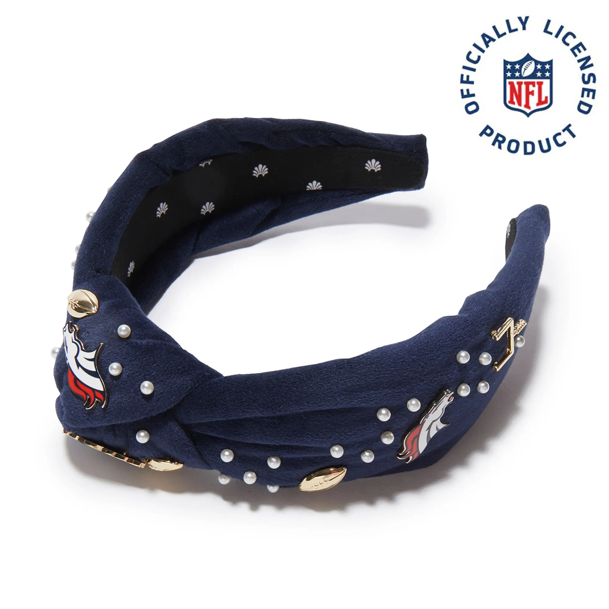DENVER BRONCOS LELE SADOUGHI X NFL NAVY EMBELLISHED KNOTTED HEADBAND sold by Lele Sadoughi
