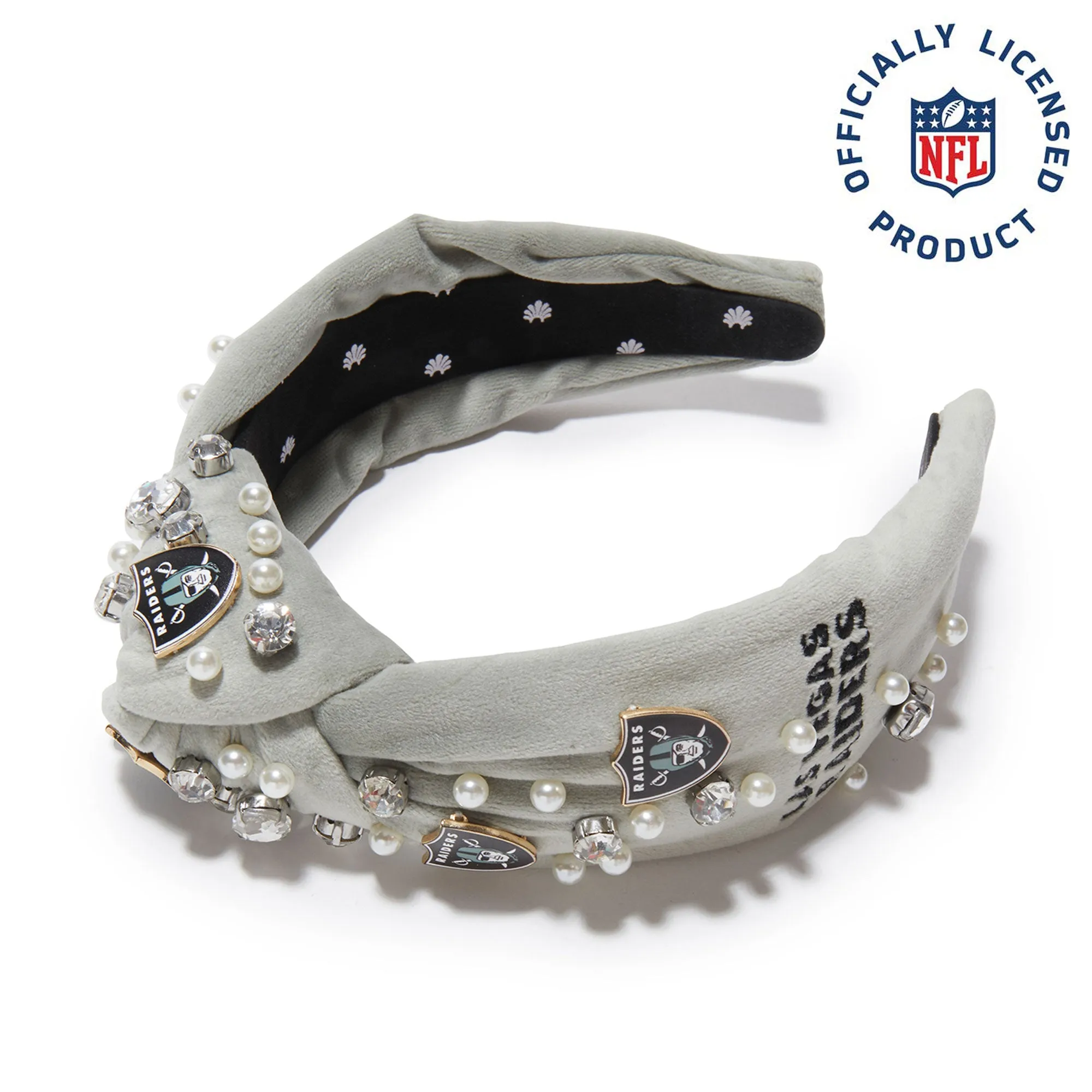 LAS VEGAS RAIDERS LELE SADOUGHI X NFL GREY EMBELLISHED KNOTTED HEADBAND sold by Lele Sadoughi