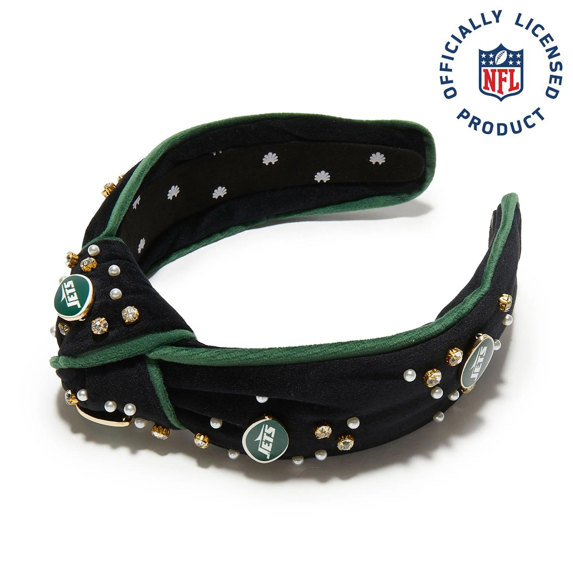 NEW YORK JETS LELE SADOUGHI X NFL JET EMBELLISHED KNOTTED HEADBAND sold by Lele Sadoughi