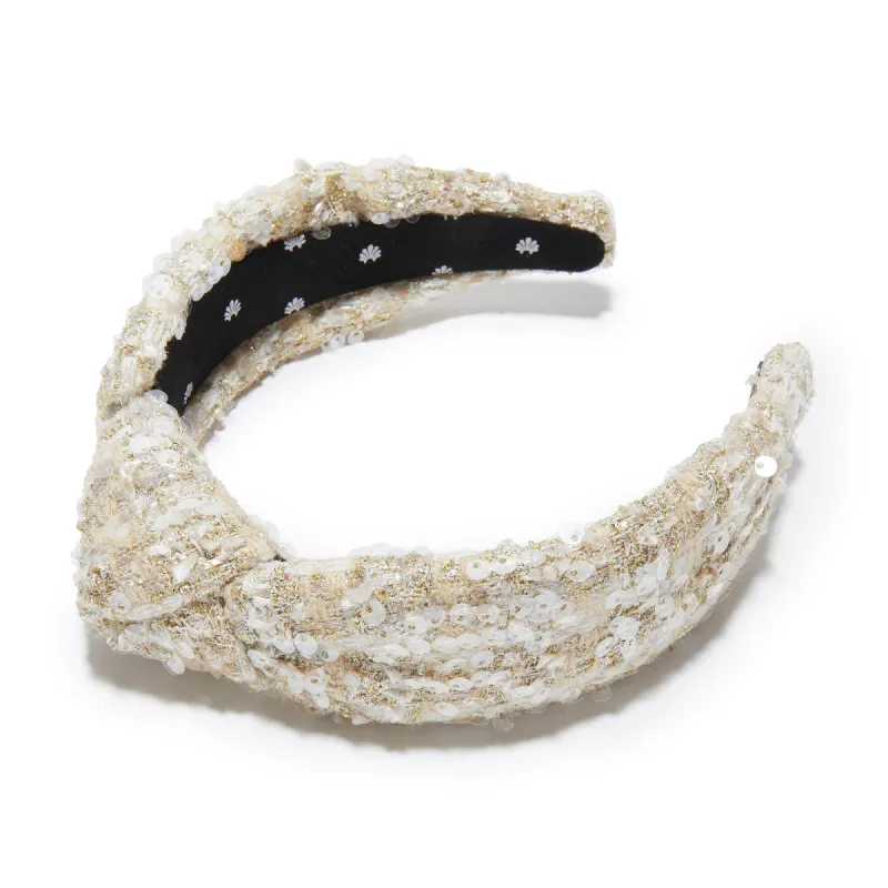 CHAMPAGNE KNOTTED SEQUIN BOUCLE HEADBAND sold by Lele Sadoughi