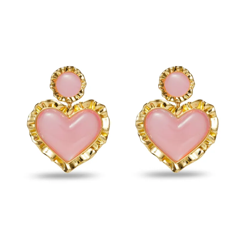 ROSE QUARTZ HEART RUFFLE DROP EARRINGS sold by Lele Sadoughi