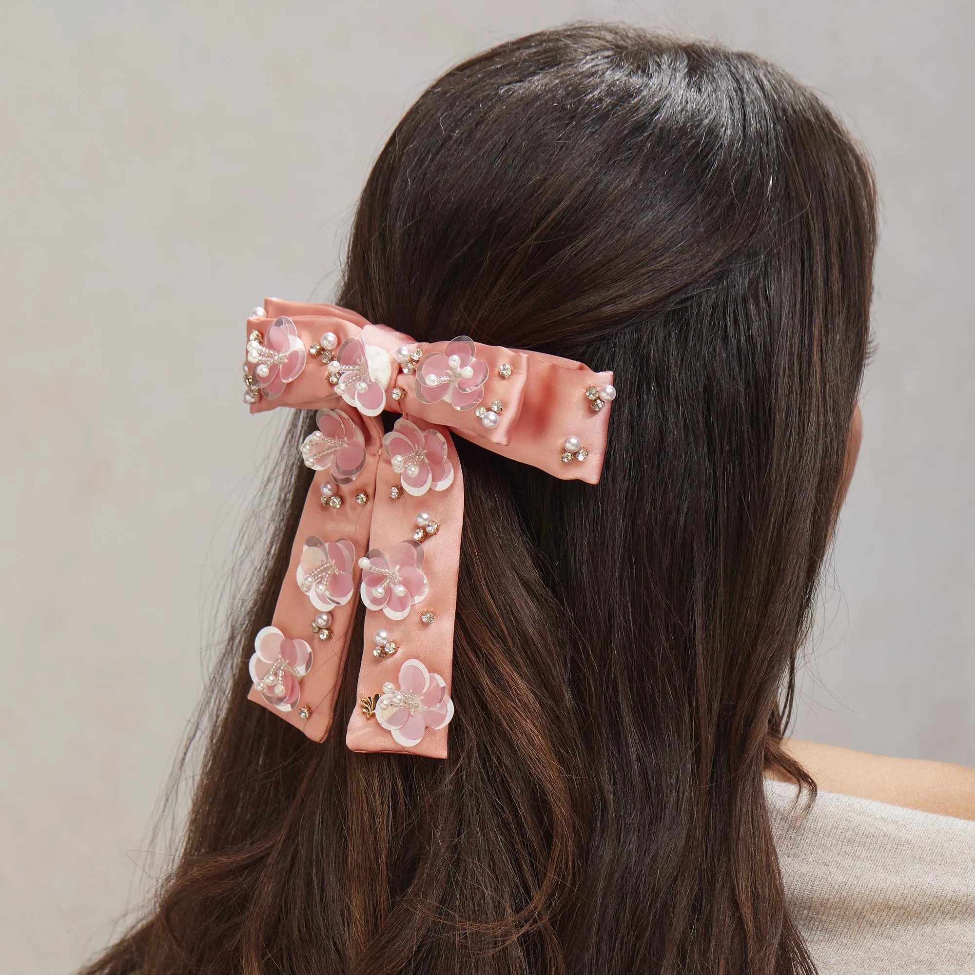 BLUSH MELON ANTOINETTE PAILLETTE FLORAL BOW sold by Lele Sadoughi product image thumbnail 2