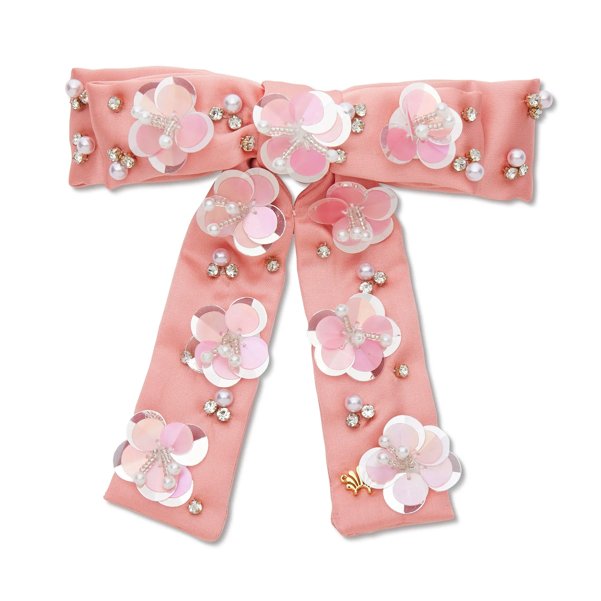 BLUSH MELON ANTOINETTE PAILLETTE FLORAL BOW sold by Lele Sadoughi