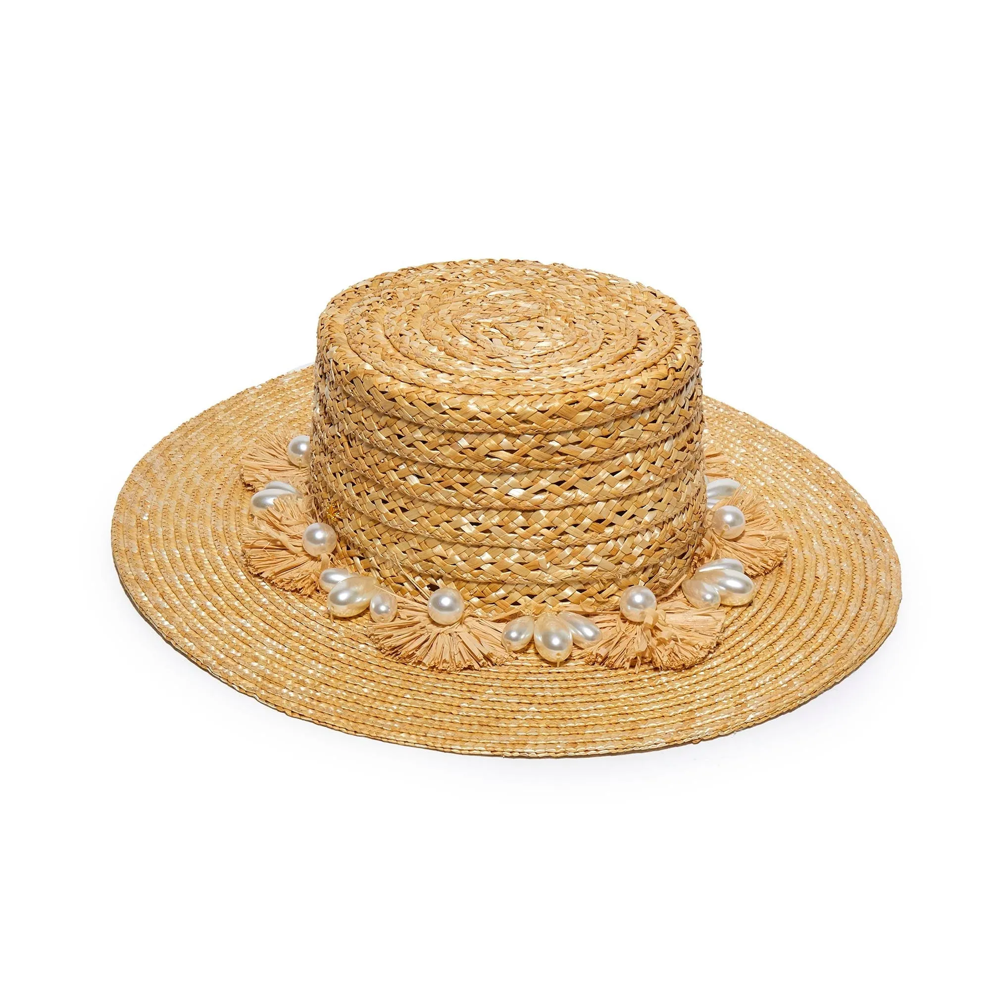 NATURAL PEARL POMS STRAW HAT sold by Lele Sadoughi