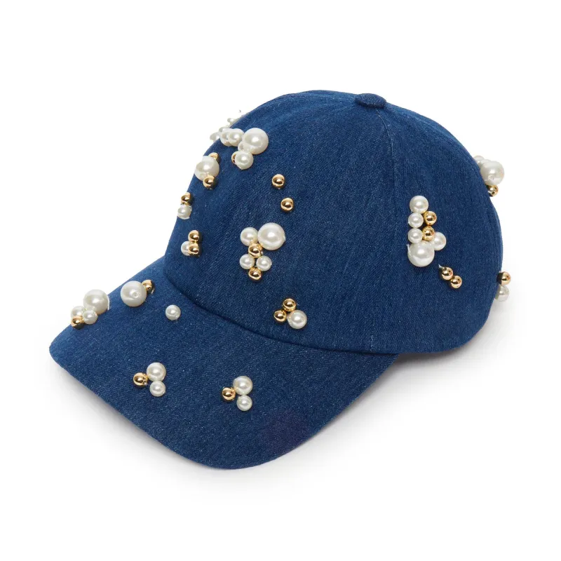 FRENCH DENIM SCATTERED PEARL DENIM BASEBALL CAP made by Lele Sadoughi