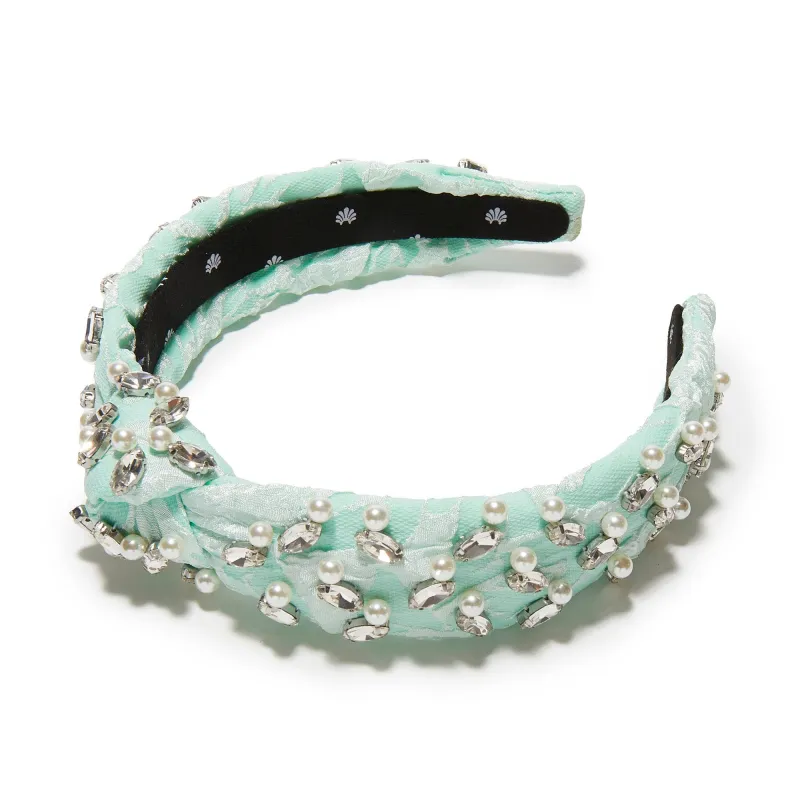 MINT SLIM KNOTTED CRYSTAL GRID HEADBAND sold by Lele Sadoughi