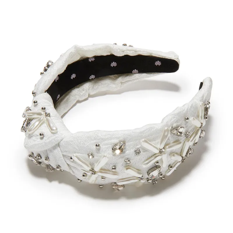 DOVE WHITE KNOTTED PEARL FLORAL BROCADE HEADBAND sold by Lele Sadoughi