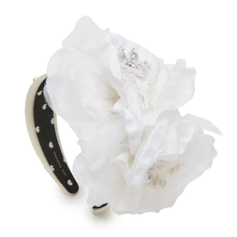 IVORY JEWELED GARDENIA FLORAL BOUQUET HEADBAND sold by Lele Sadoughi