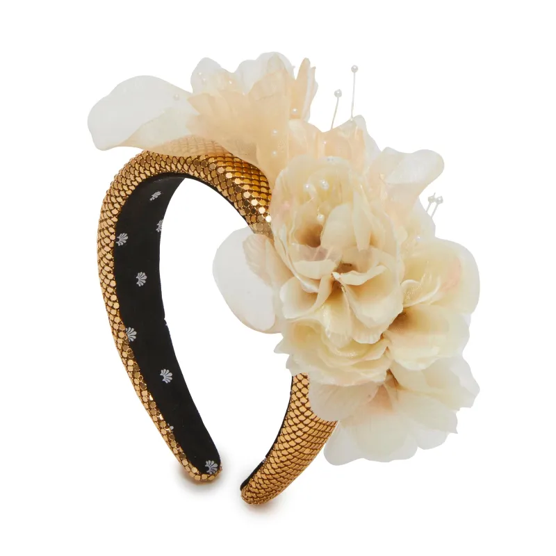GOLD IVORY PEONY FLORAL BOUQUET HEADBAND sold by Lele Sadoughi