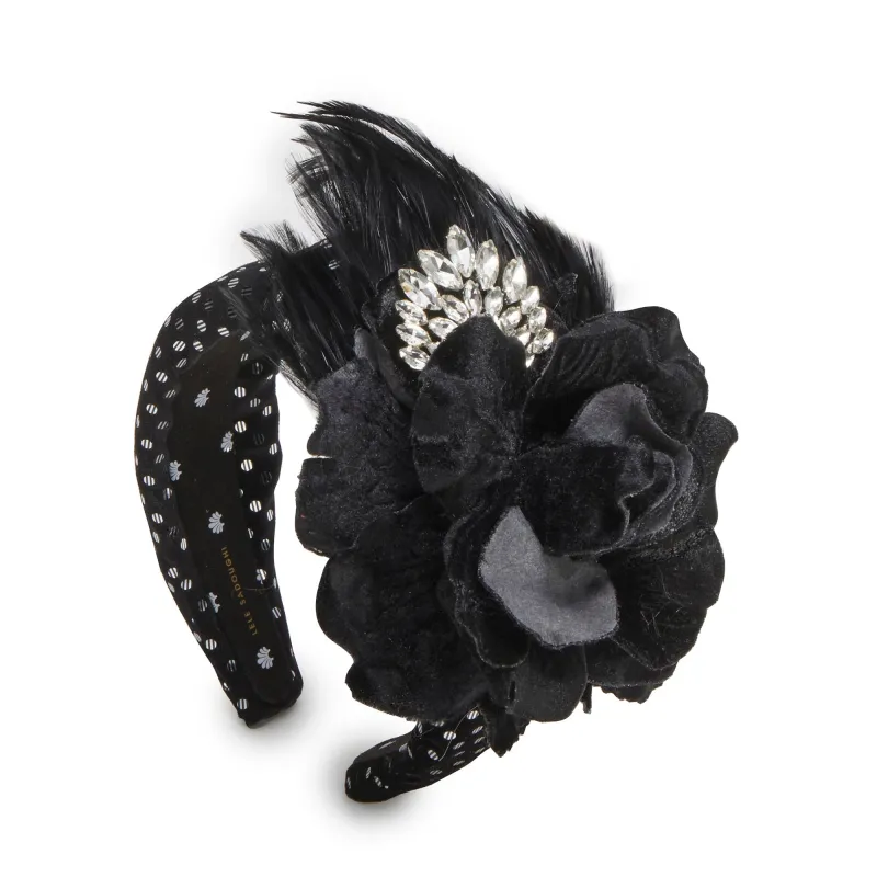 SILVER JET JEWELED GARDENIA FLORAL BOUQUET HEADBAND sold by Lele Sadoughi