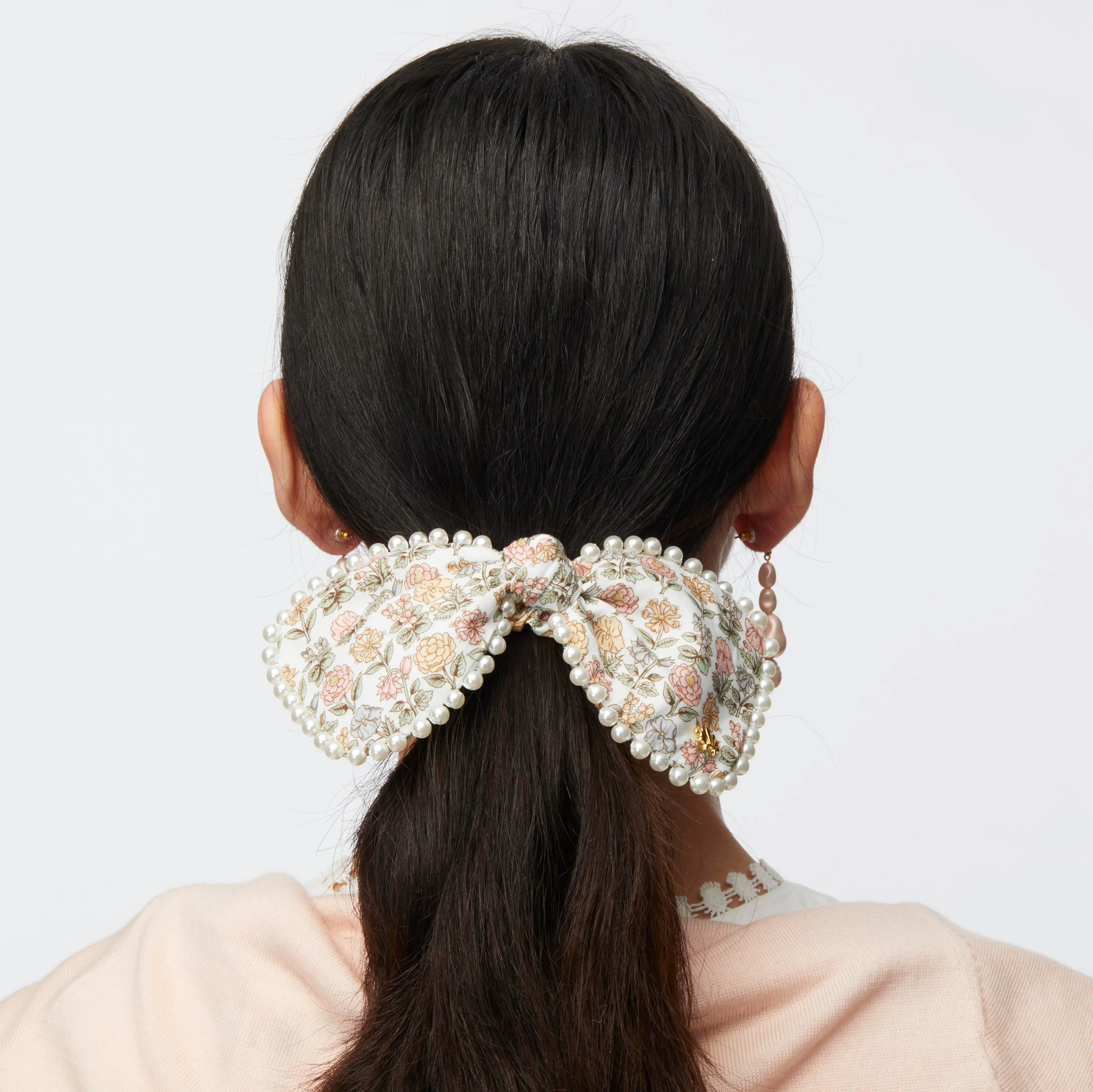 DAVALIA FLOWERS PENNY LIBERTY PEARL TRIM BOW SCRUNCHIE sold by Lele Sadoughi product image thumbnail 2