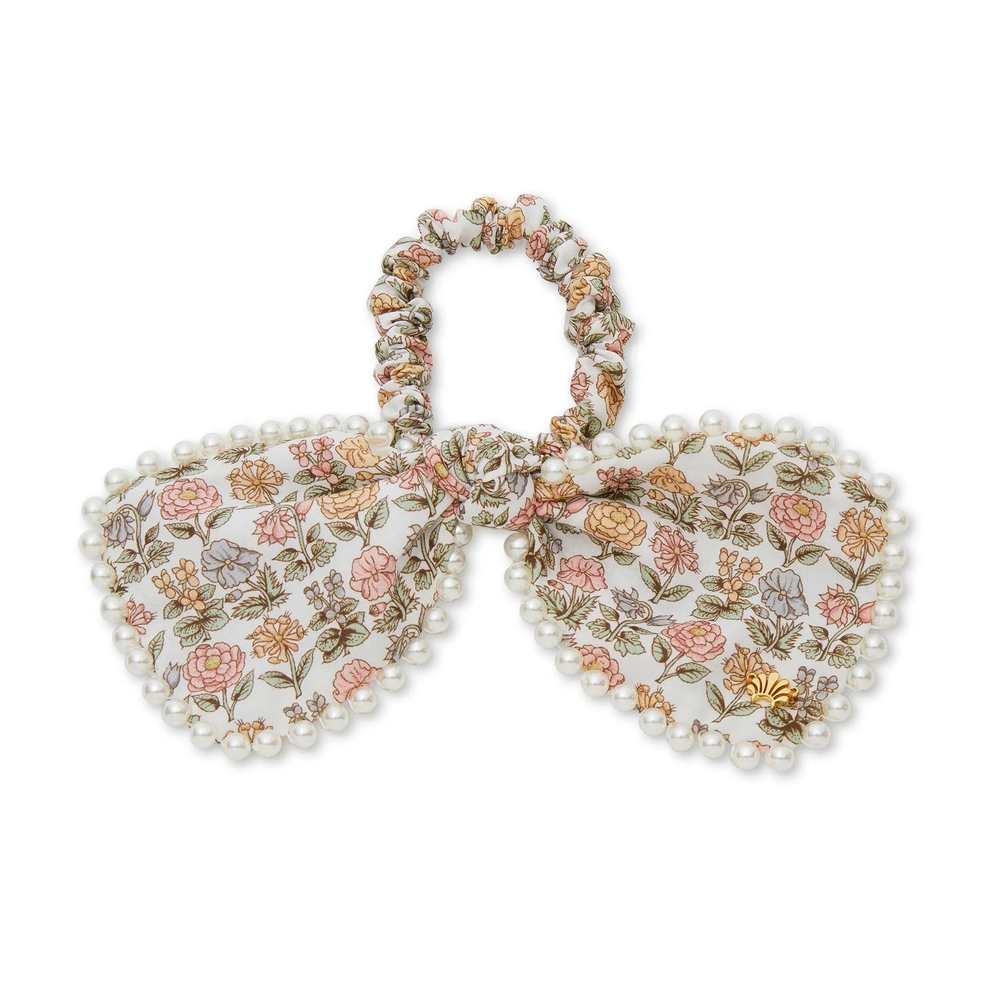DAVALIA FLOWERS PENNY LIBERTY PEARL TRIM BOW SCRUNCHIE sold by Lele Sadoughi