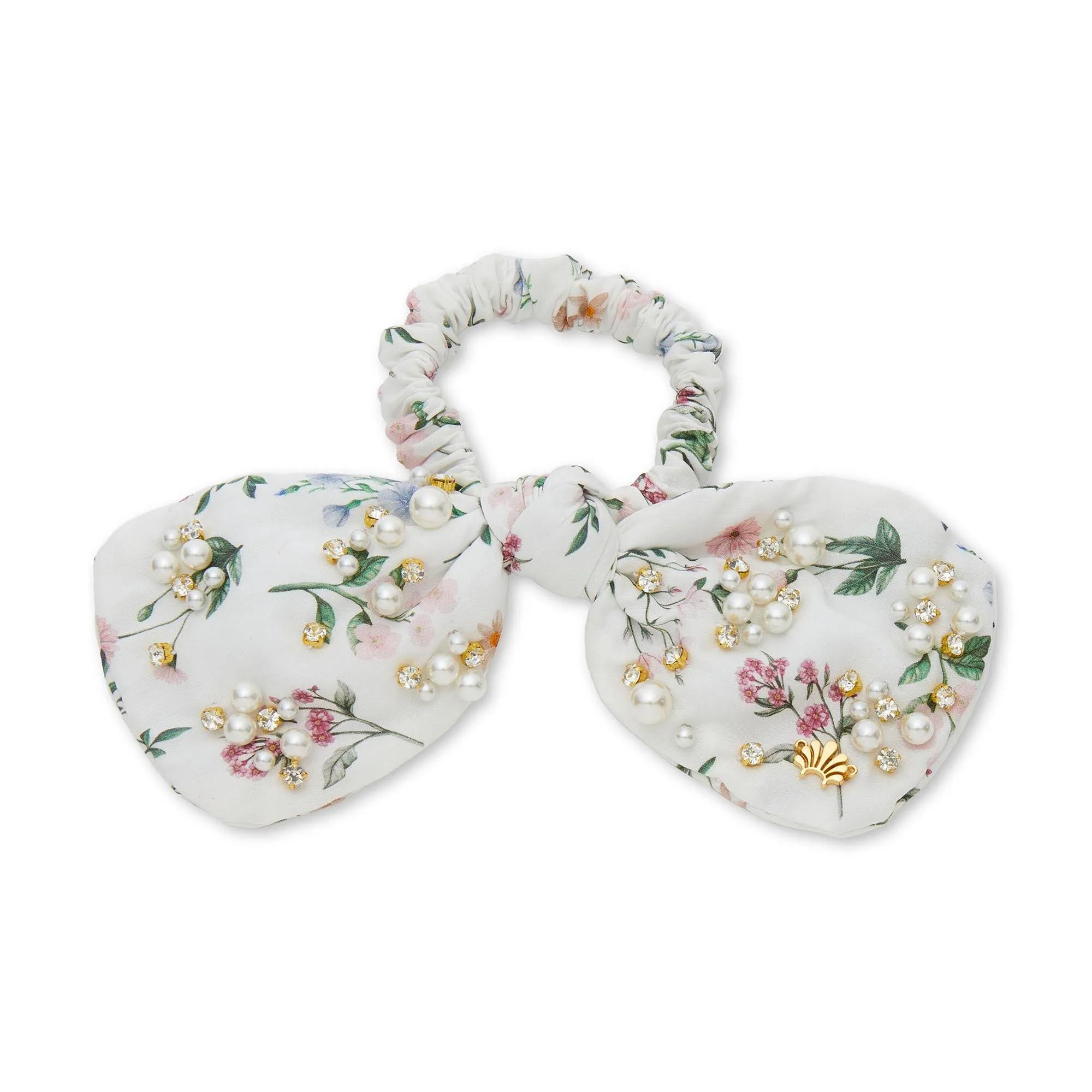 ANNIE PENNY LIBERTY PEARL CRYSTAL BOW SCRUNCHIE sold by Lele Sadoughi