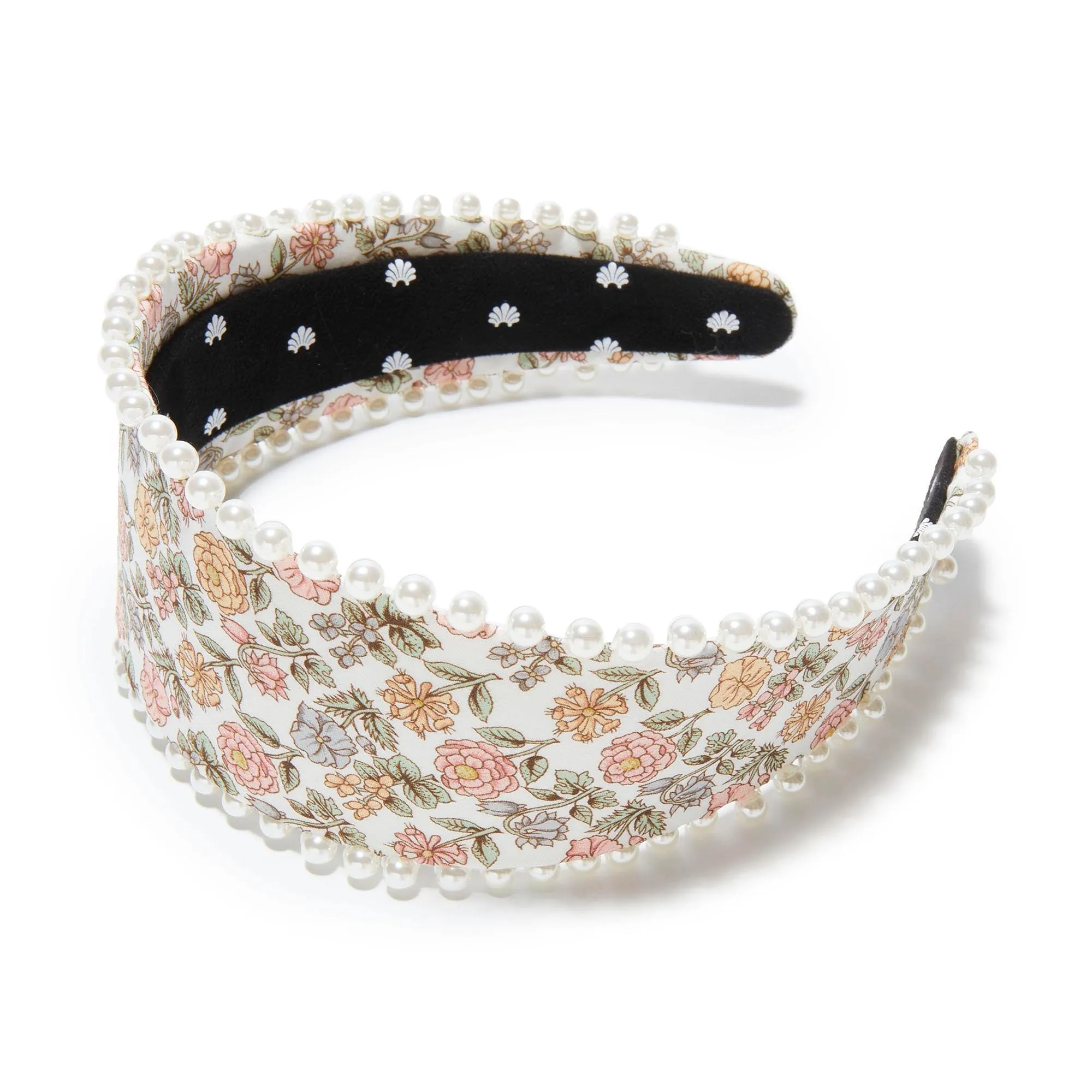 DAVALIA FLOWERS BRIGITTE LIBERTY PEARL TRIM HEADBAND sold by Lele Sadoughi