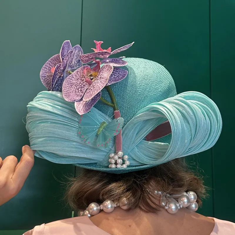 TURQUOISE ORCHID LELE SADOUGHI x KGB ONE-OF-A-KIND HAT sold by Lele Sadoughi