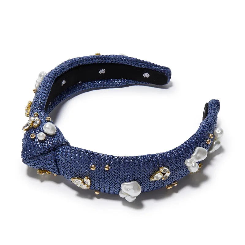 AEGEAN BLUE SLIM KNOTTED RAFFIA OASIS EMBELLISHED HEADBAND sold by Lele Sadoughi