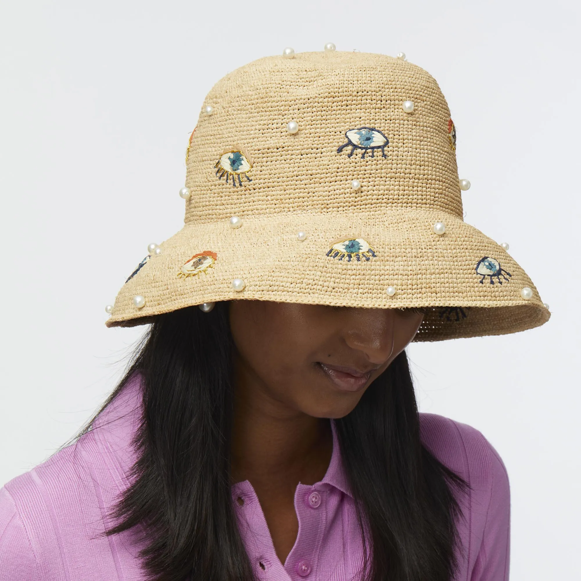EVIL EYE EMBROIDERED RAFFIA BUCKET HAT sold by Lele Sadoughi product image thumbnail 2
