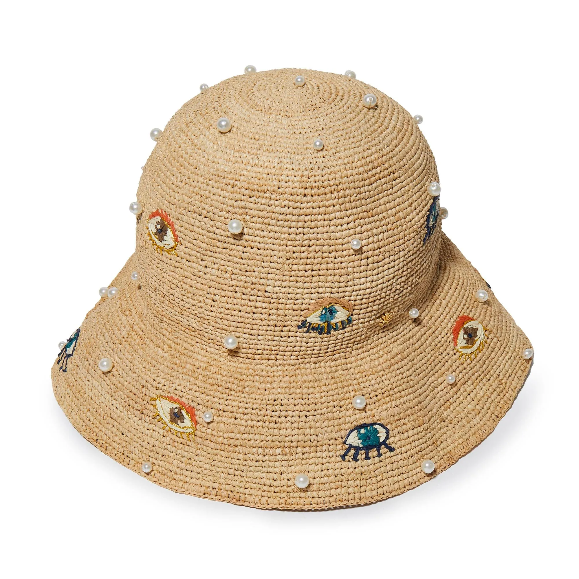 EVIL EYE EMBROIDERED RAFFIA BUCKET HAT sold by Lele Sadoughi