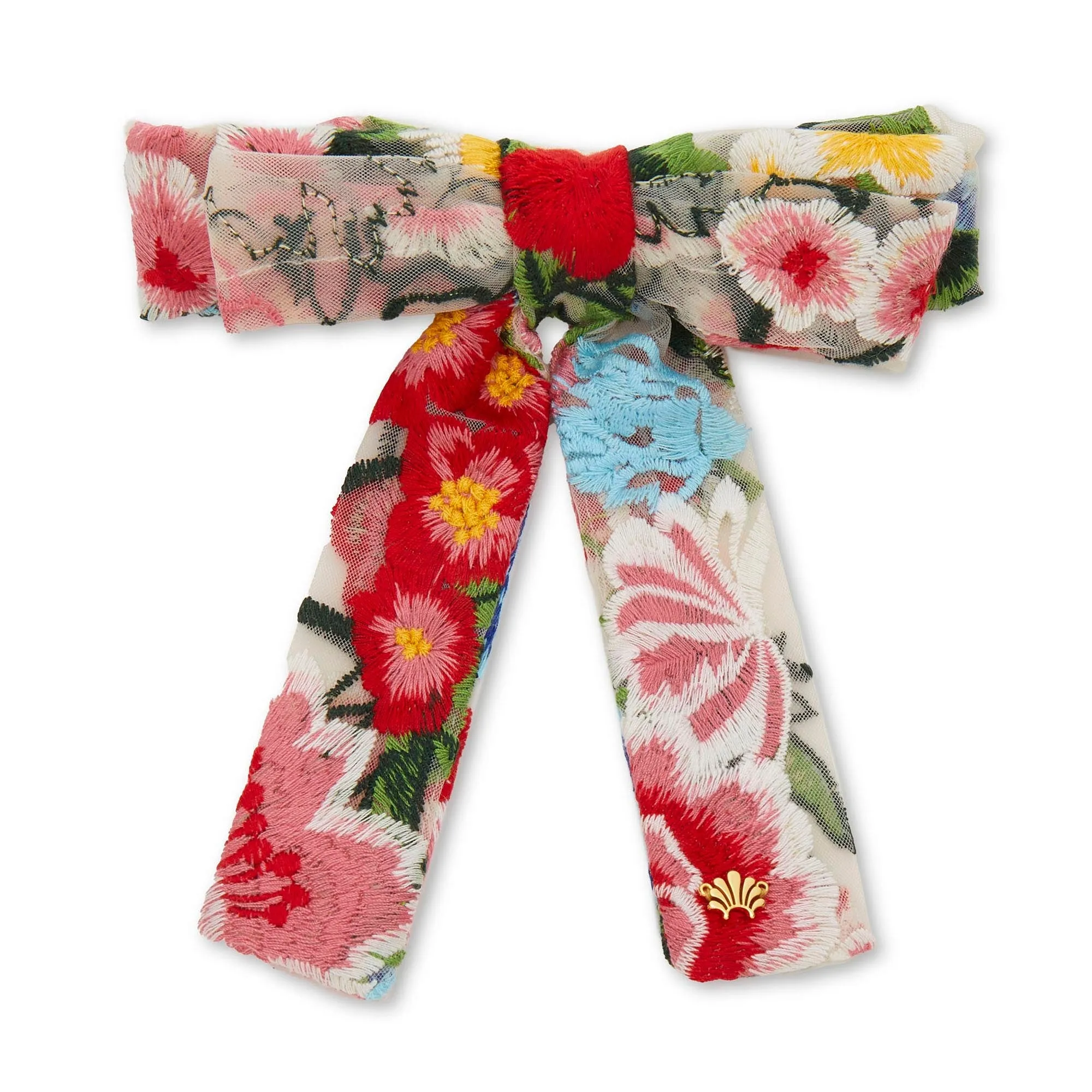 MEDITERRANEAN FLORAL ANTOINETTE FLORAL EMBROIDERED BOW BARRETTE sold by Lele Sadoughi