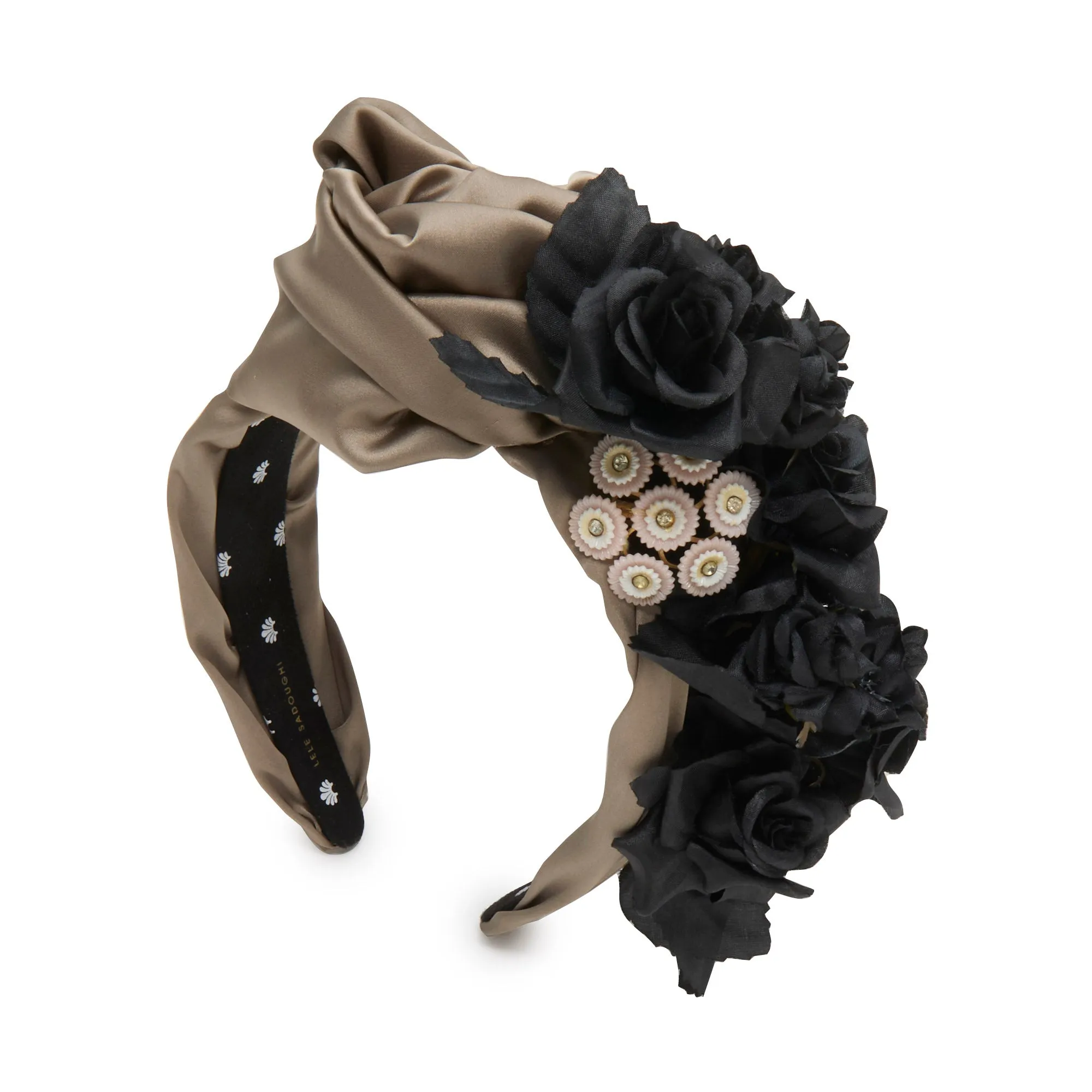 PEWTER JET JEWELED FLORAL BOUQUET HEADBAND sold by Lele Sadoughi