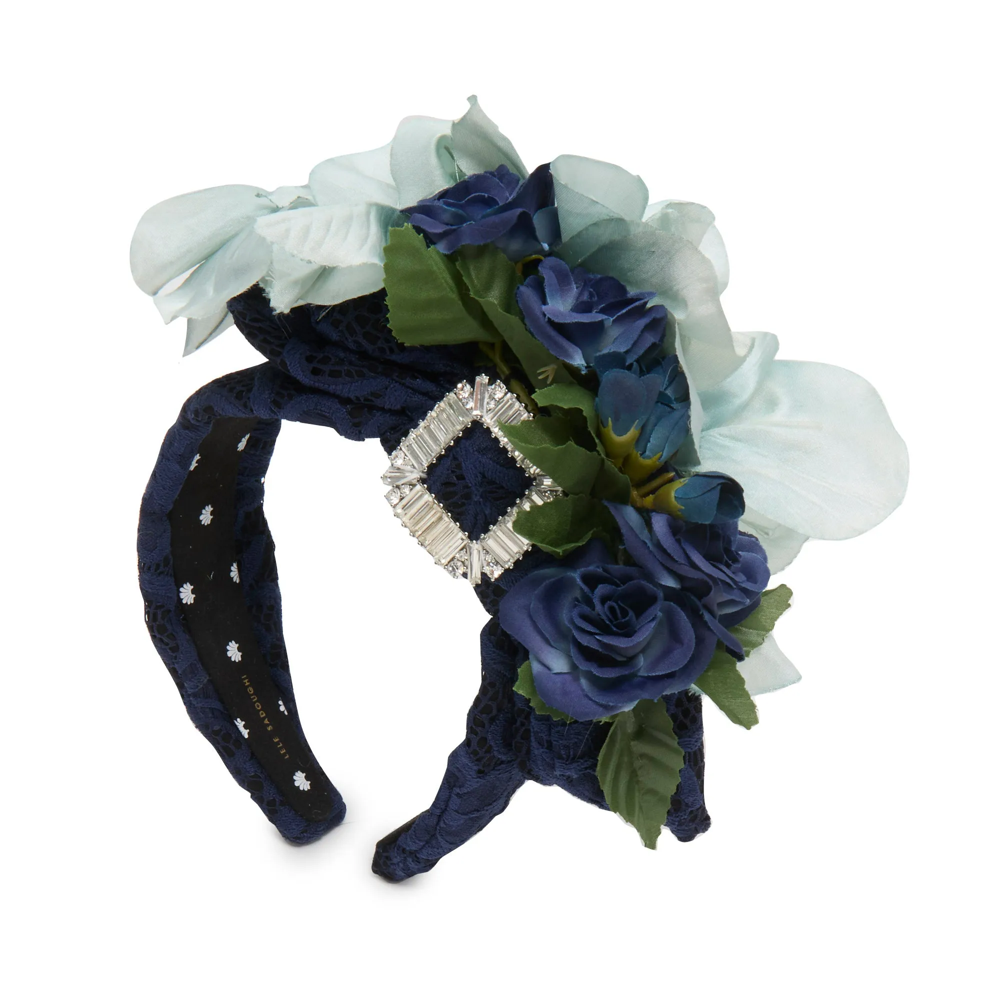 MIDNIGHT BLUE JEWELED ROSE FLORAL BOUQUET HEADBAND sold by Lele Sadoughi