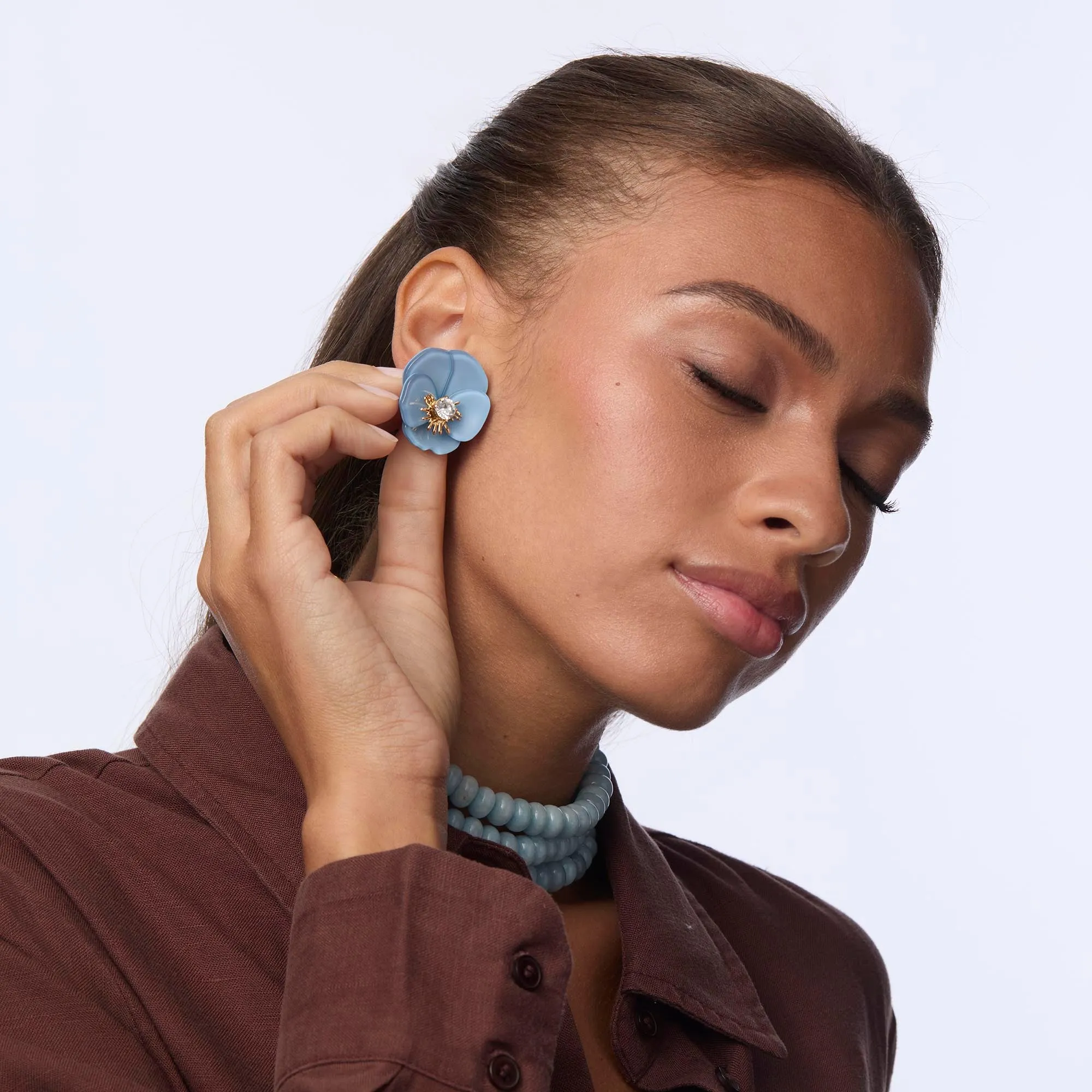 CORNFLOWER BLUE PANSY BUTTON EARRINGS sold by Lele Sadoughi product image thumbnail 2