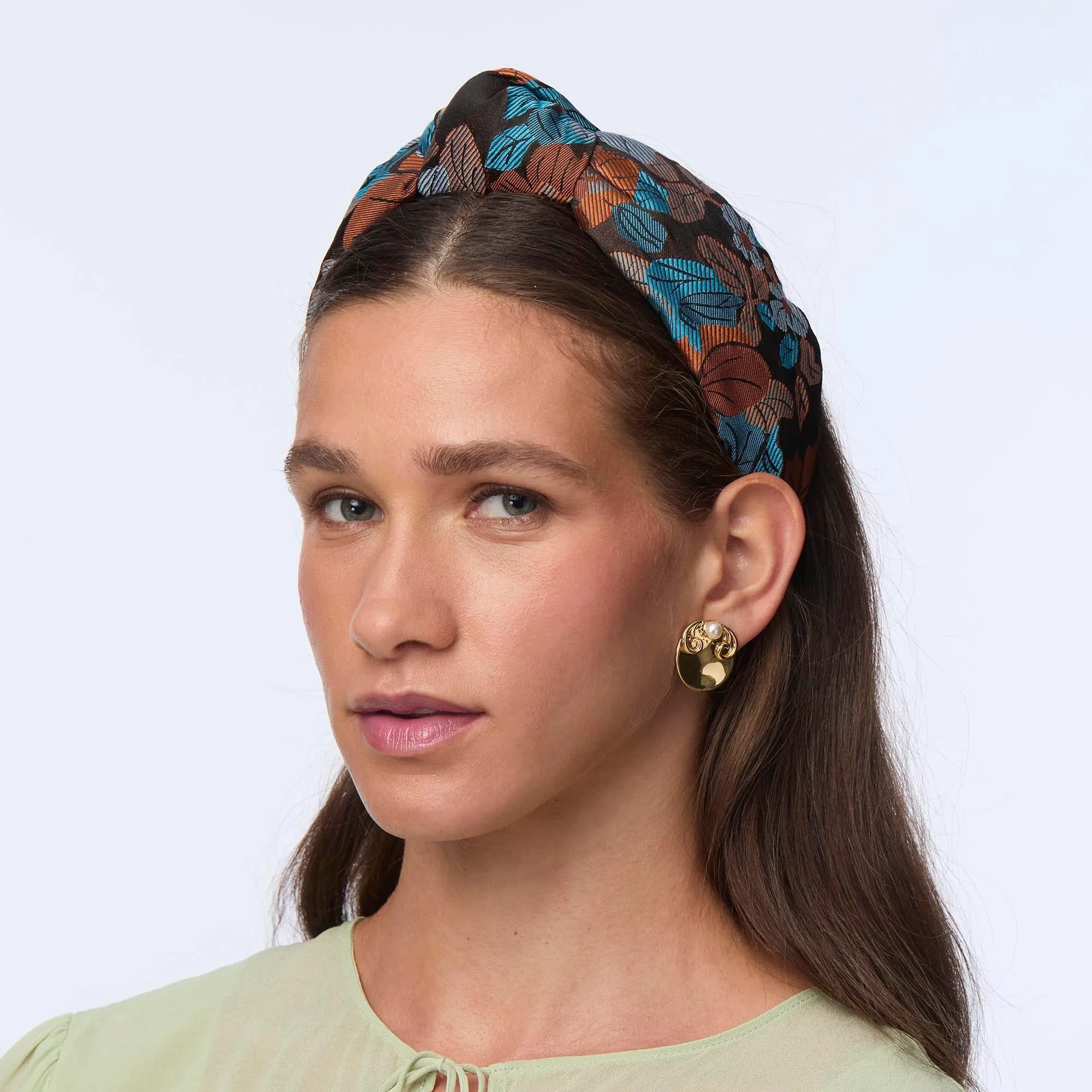 CARAMEL PATINA KNOTTED FLORAL JACQUARD HEADBAND sold by Lele Sadoughi product image thumbnail 2