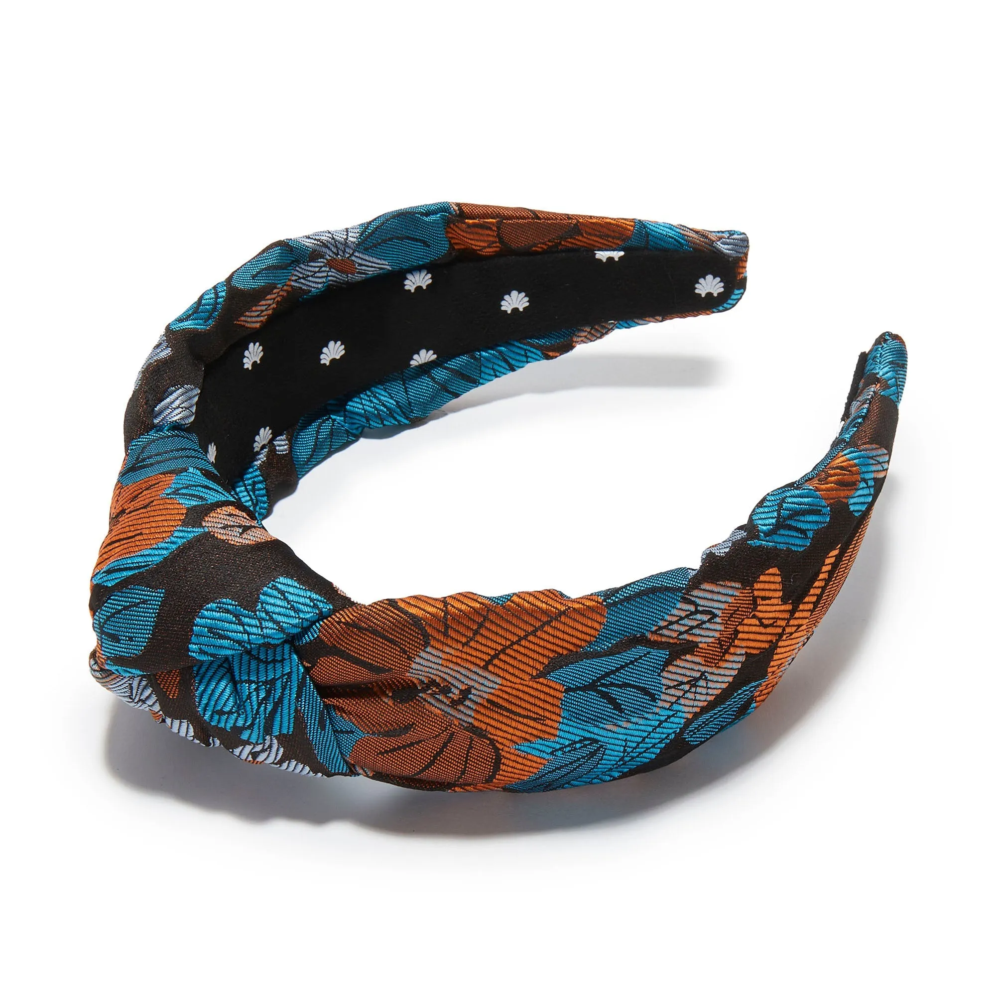 CARAMEL PATINA KNOTTED FLORAL JACQUARD HEADBAND sold by Lele Sadoughi