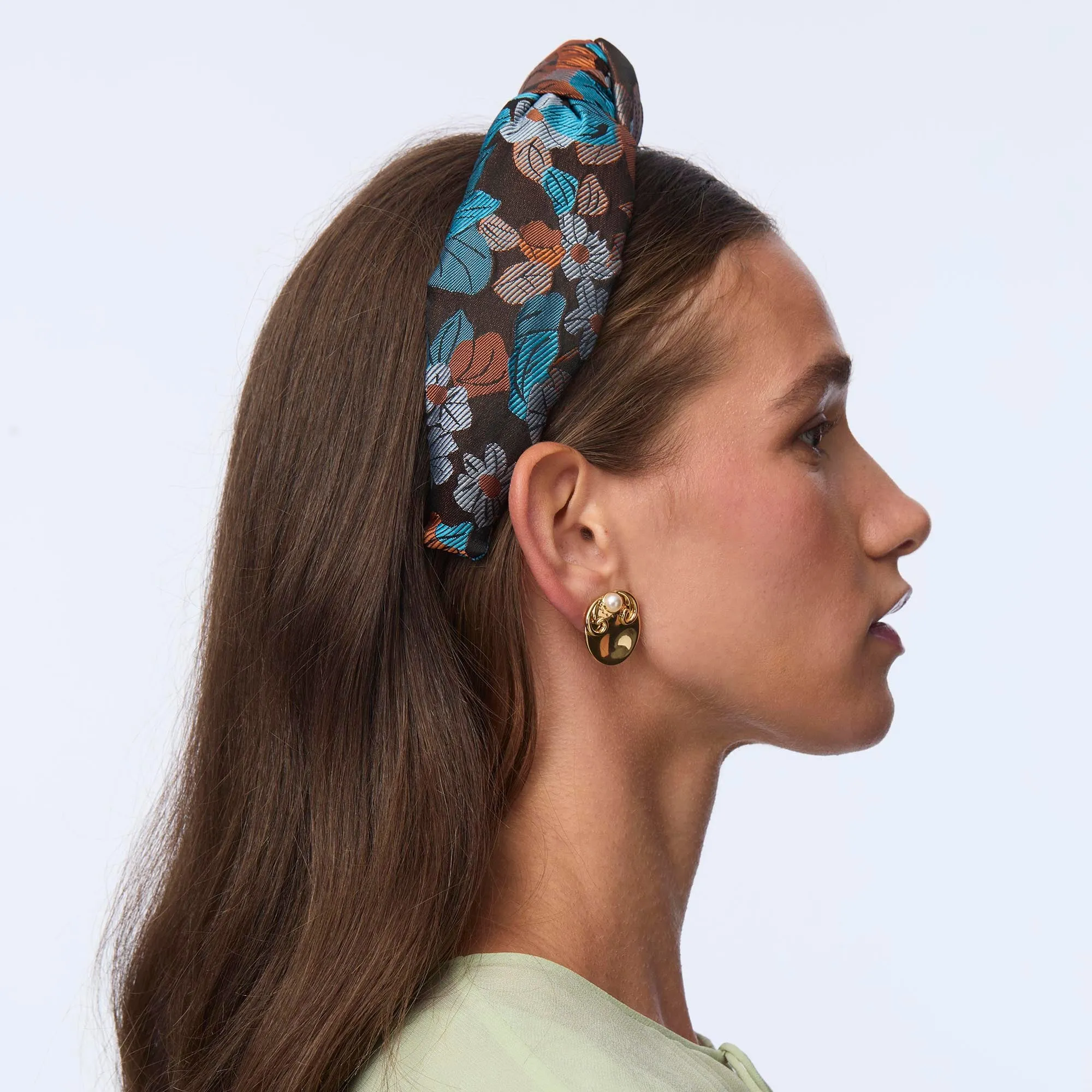 CARAMEL PATINA KNOTTED FLORAL JACQUARD HEADBAND sold by Lele Sadoughi product image thumbnail 4