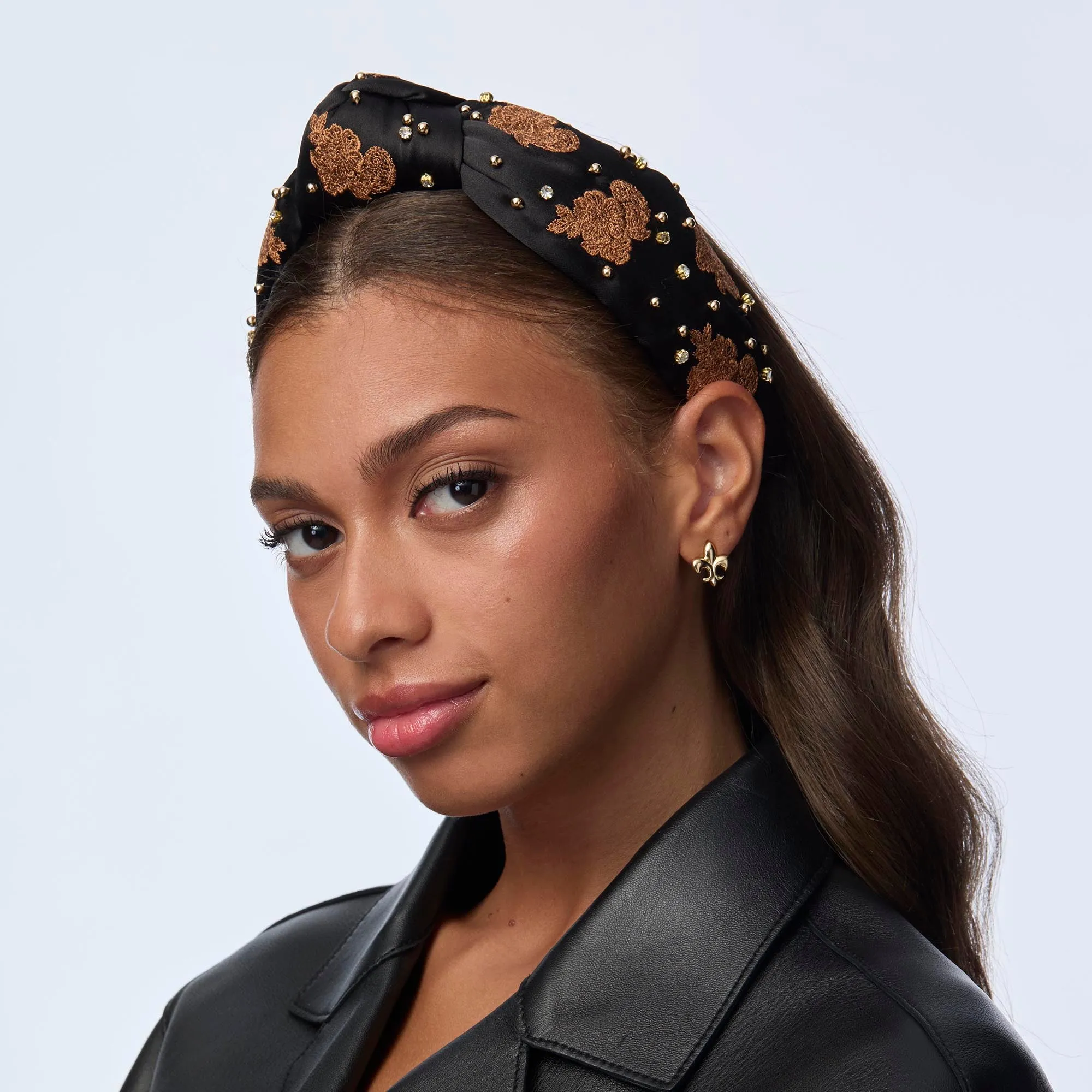 CARAMEL JET KNOTTED LACE EMBELLISHED HEADBAND sold by Lele Sadoughi product image thumbnail 4