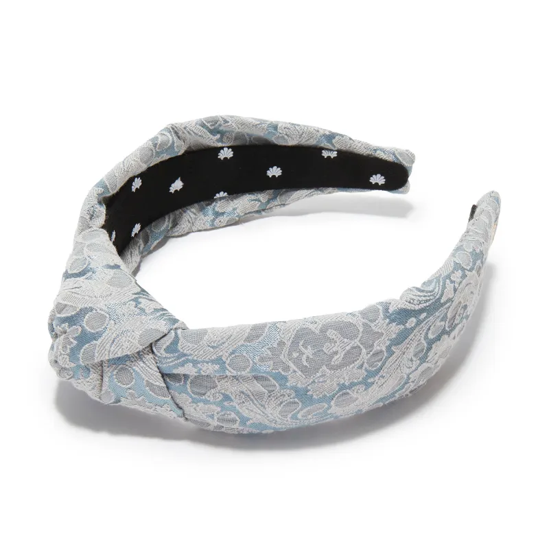 CORNFLOWER BLUE KNOTTED DAMASK BROCADE HEADBAND sold by Lele Sadoughi