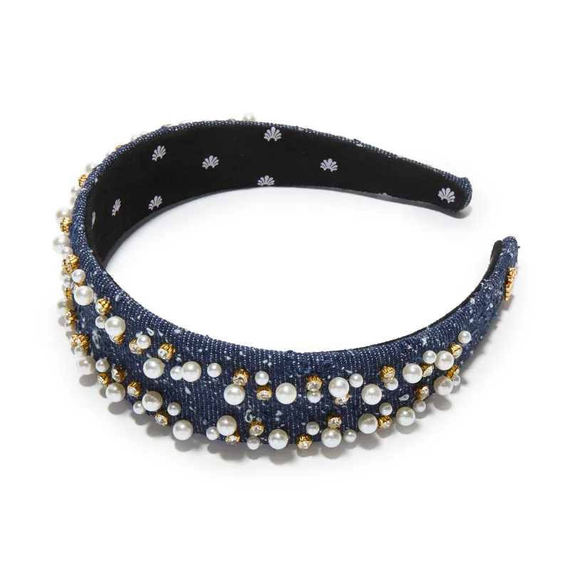 DENIM DOBBY CHER PEARL SPRINKLE HEADBAND sold by Lele Sadoughi