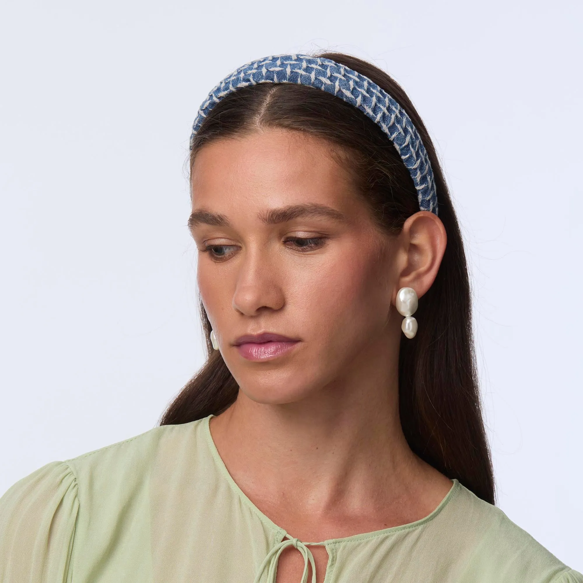 CADET BLUE CHARLOTTE LATTICE DENIM HEADBAND sold by Lele Sadoughi product image thumbnail 4