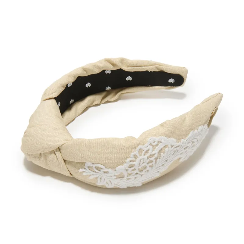 OATMEAL KNOTTED EMBROIDERED LACE HEADBAND sold by Lele Sadoughi
