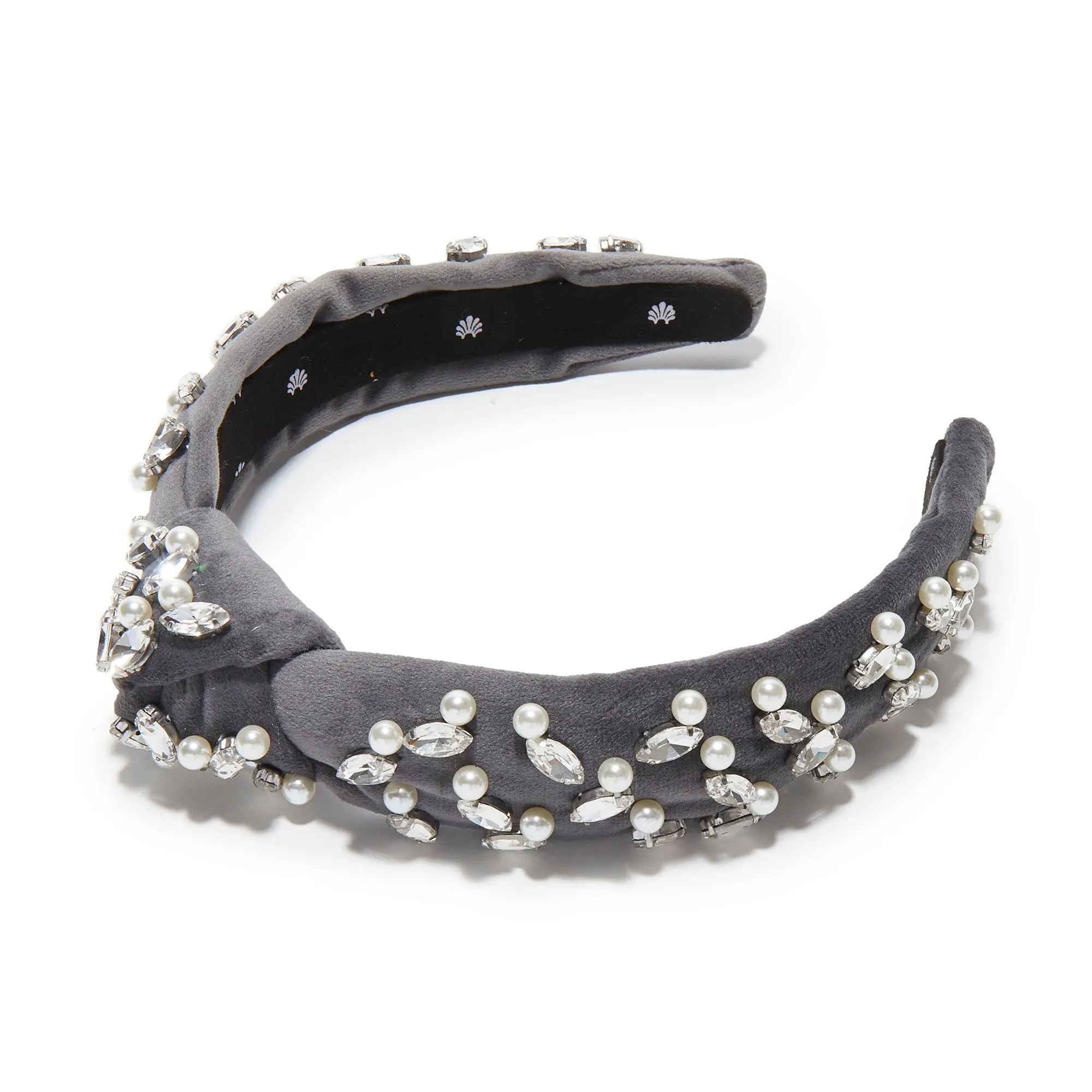 SLATE GRAY SLIM KNOTTED CRYSTAL GRID HEADBAND sold by Lele Sadoughi