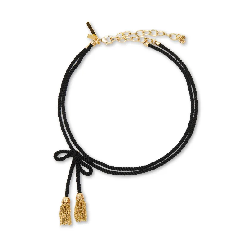 JET SILK ROPE BOW TASSEL NECKACE sold by Lele Sadoughi