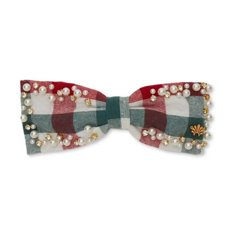 CHRISTMAS GINGHAM RILEY PEARL SPRINKLE BOW BARRETTE sold by Lele Sadoughi