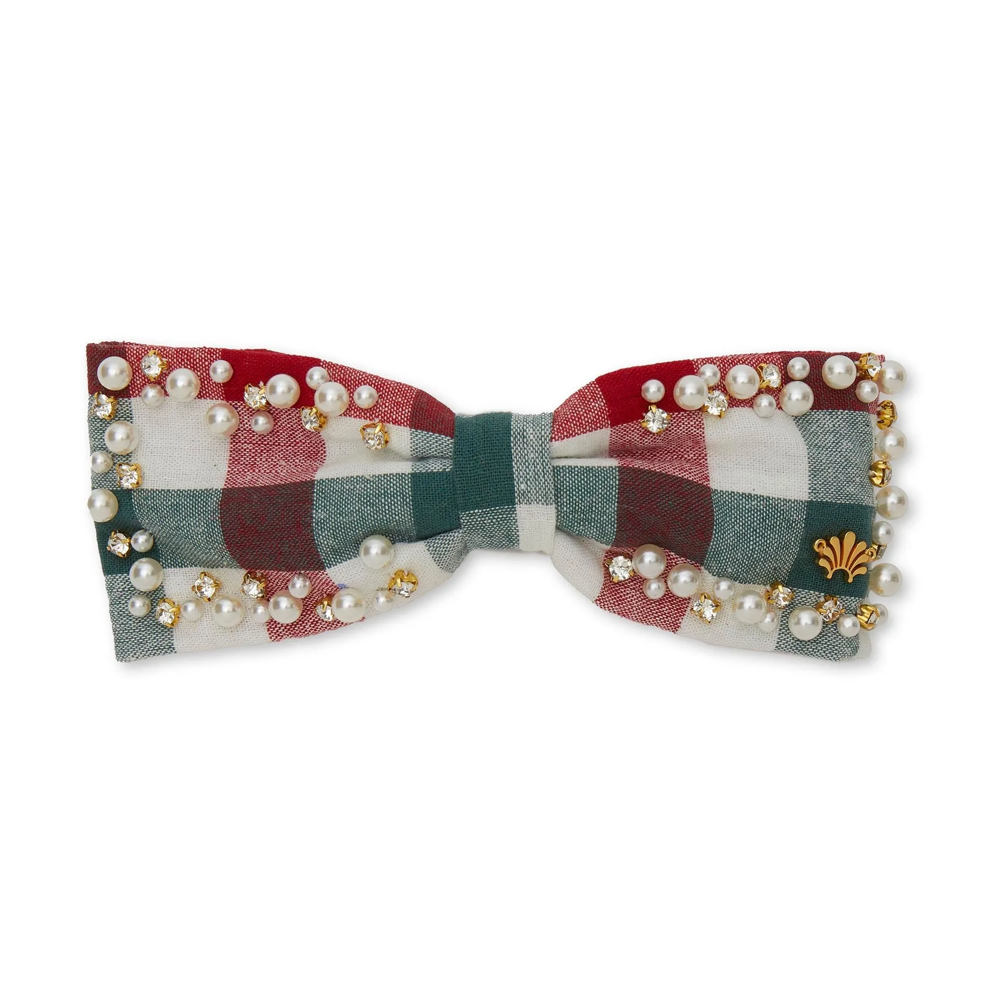 GINGHAM RILEY PEARL SPRINKLE BOW BARRETTE sold by Lele Sadoughi
