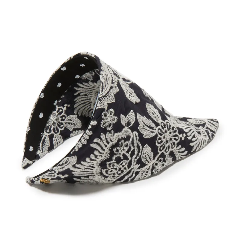 NAVY GARDEN JACKIE EMBROIDERED EYELET HANDKERCHIEF HEADBAND made by Lele Sadoughi