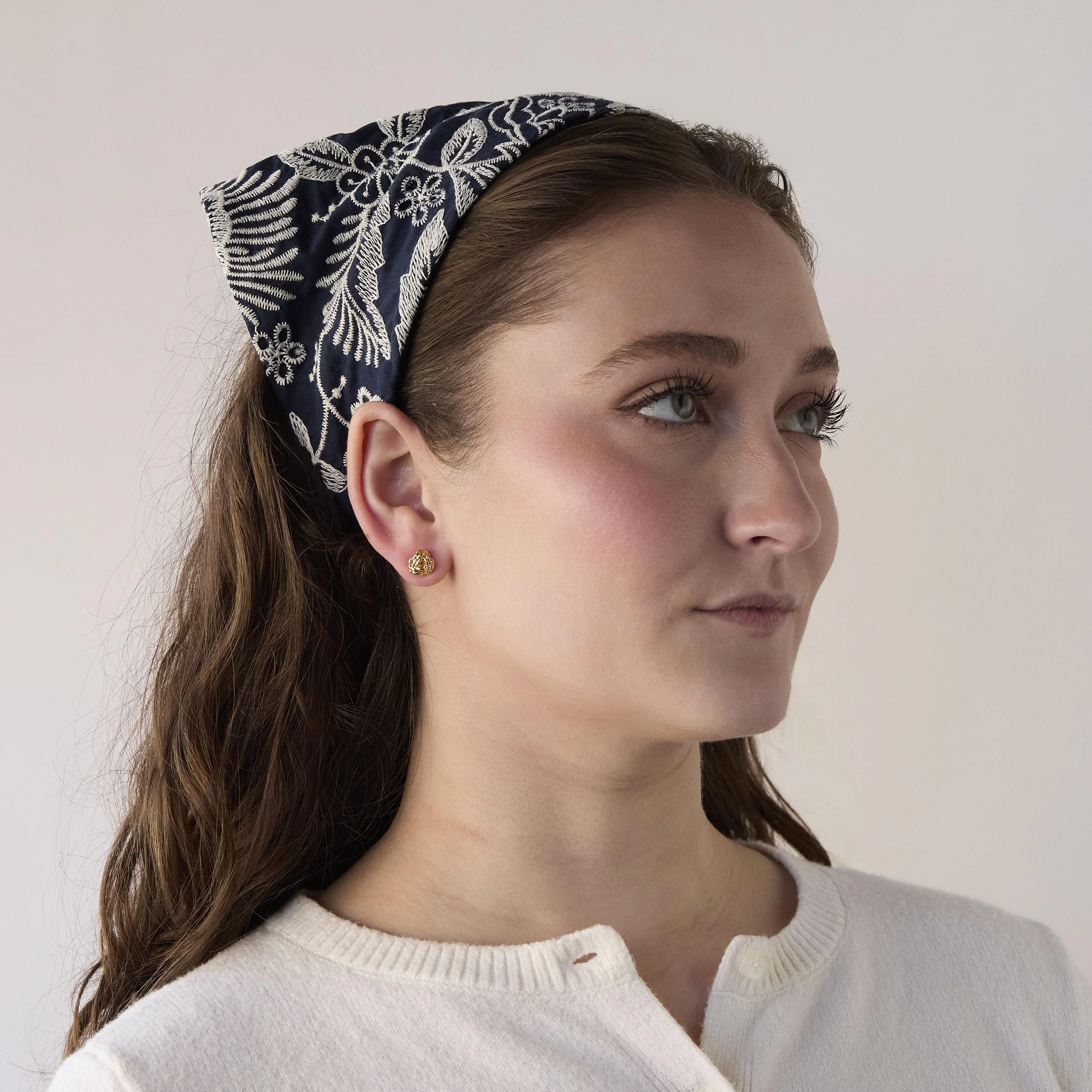 NAVY GARDEN JACKIE EMBROIDERED EYELET HANDKERCHIEF HEADBAND sold by Lele Sadoughi product image thumbnail 3