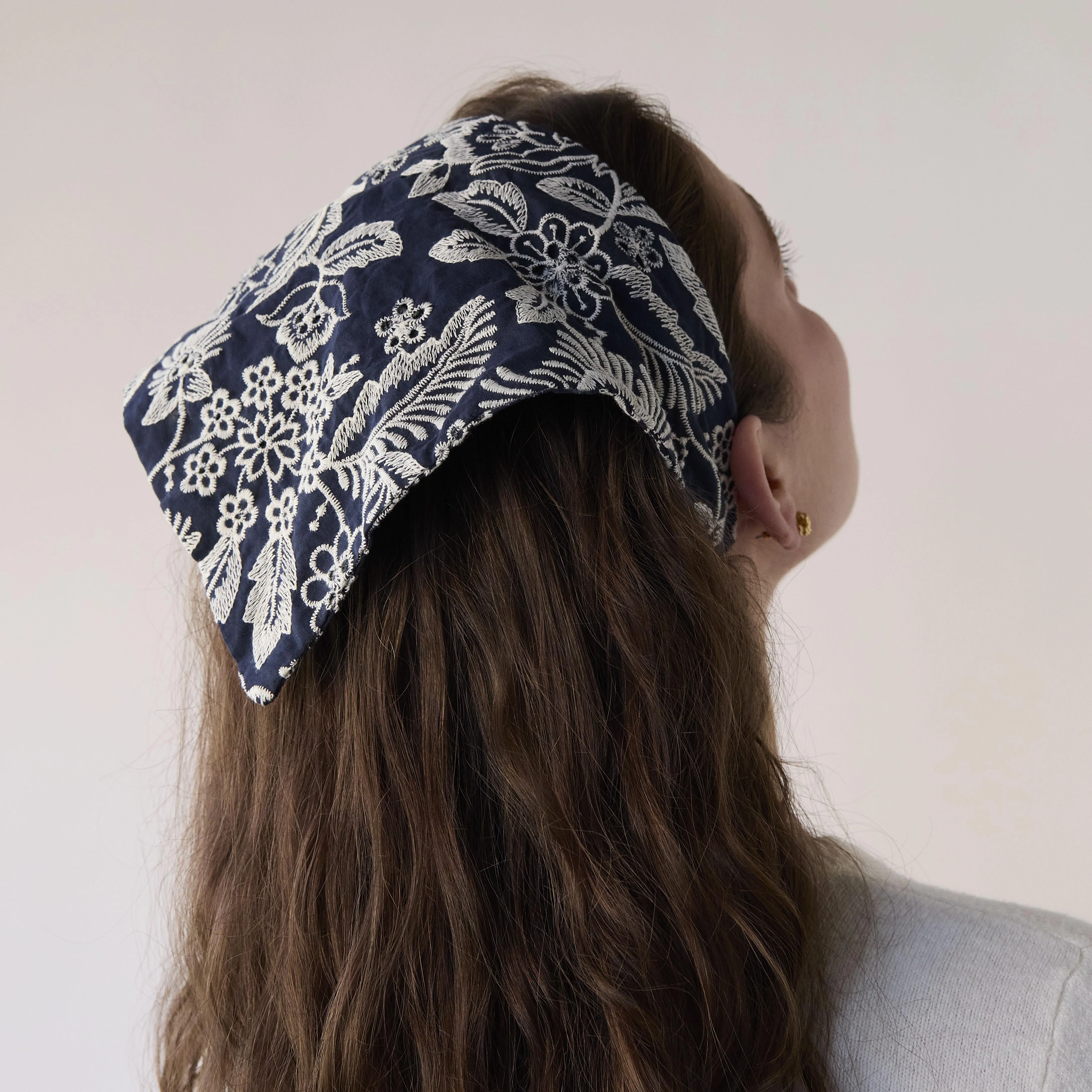 NAVY GARDEN JACKIE EMBROIDERED EYELET HANDKERCHIEF HEADBAND sold by Lele Sadoughi product image thumbnail 4