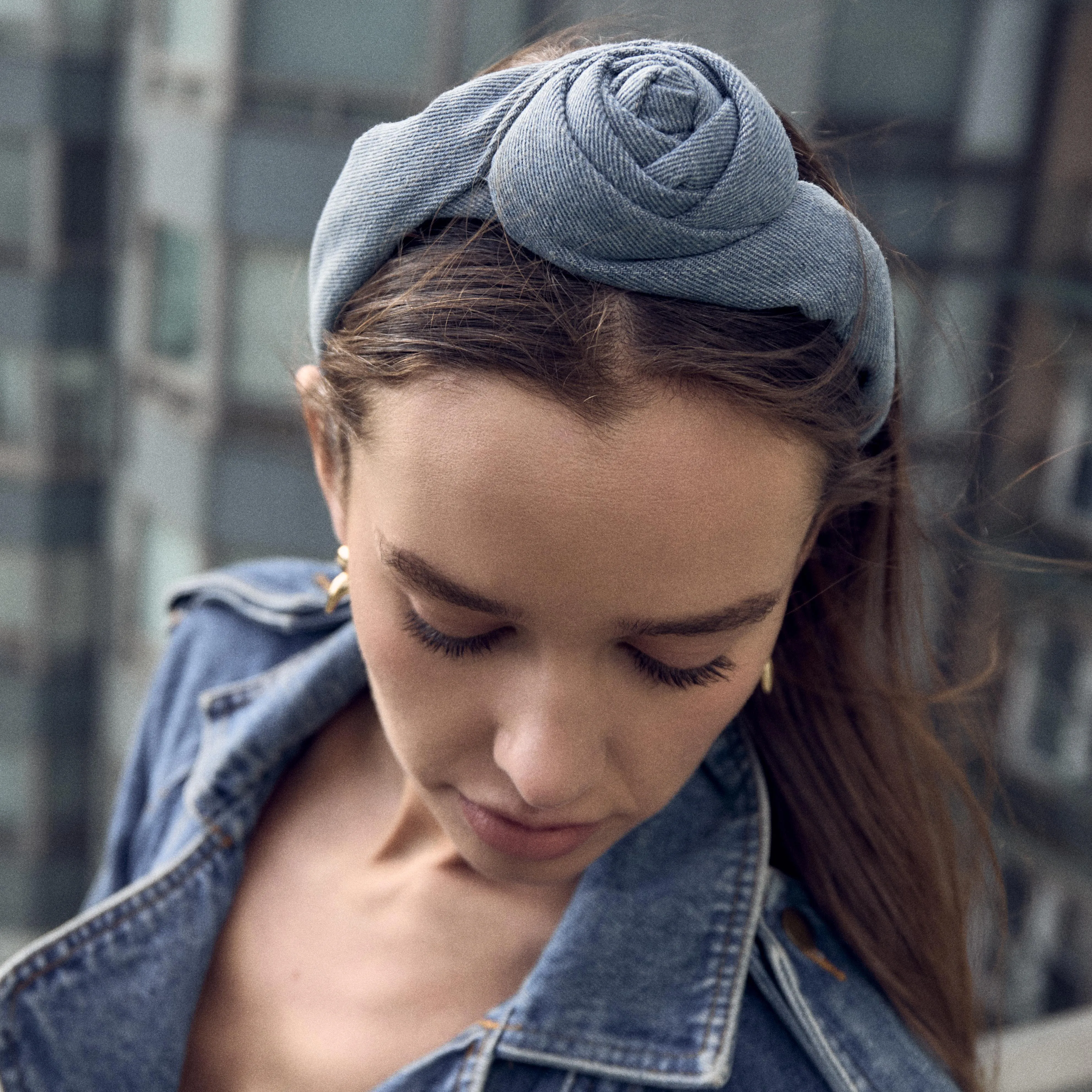 LIGHT DENIM ROSETTE HEADBAND sold by Lele Sadoughi product image thumbnail 4