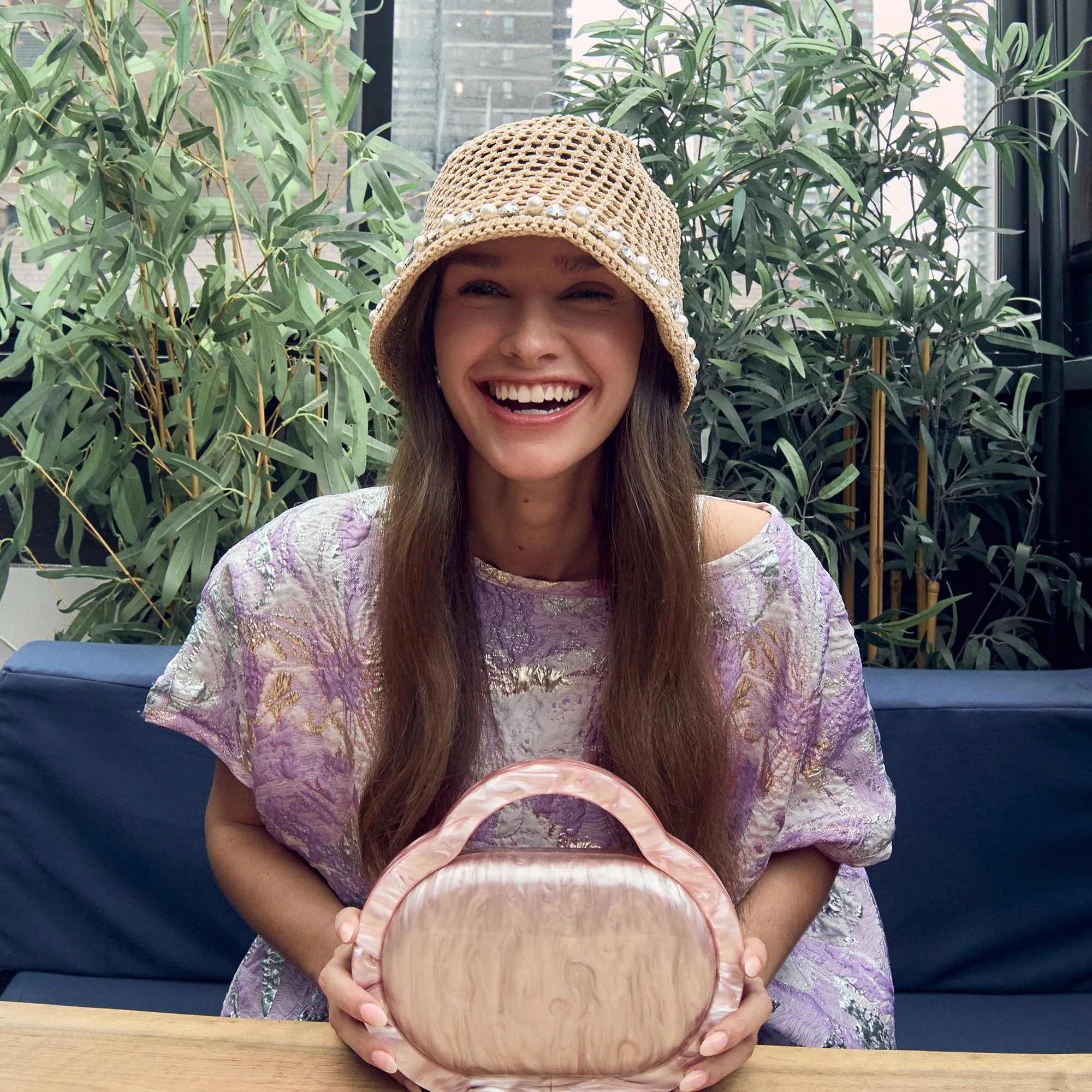 NATURAL OPEN WEAVE EMBELLISHED BUCKET HAT sold by Lele Sadoughi product image thumbnail 2