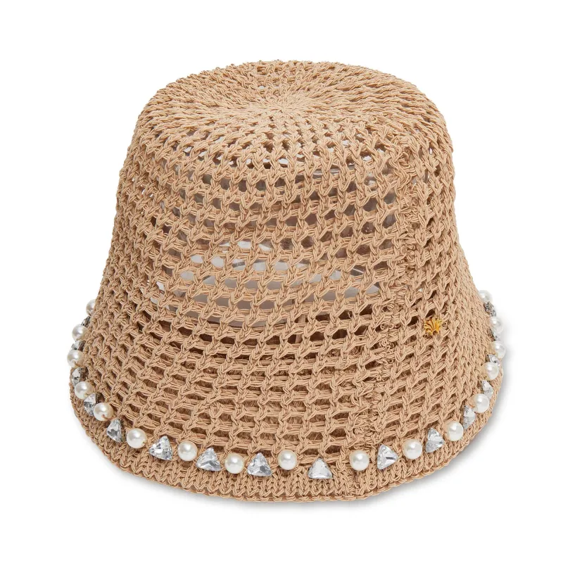NATURAL OPEN WEAVE EMBELLISHED BUCKET HAT sold by Lele Sadoughi