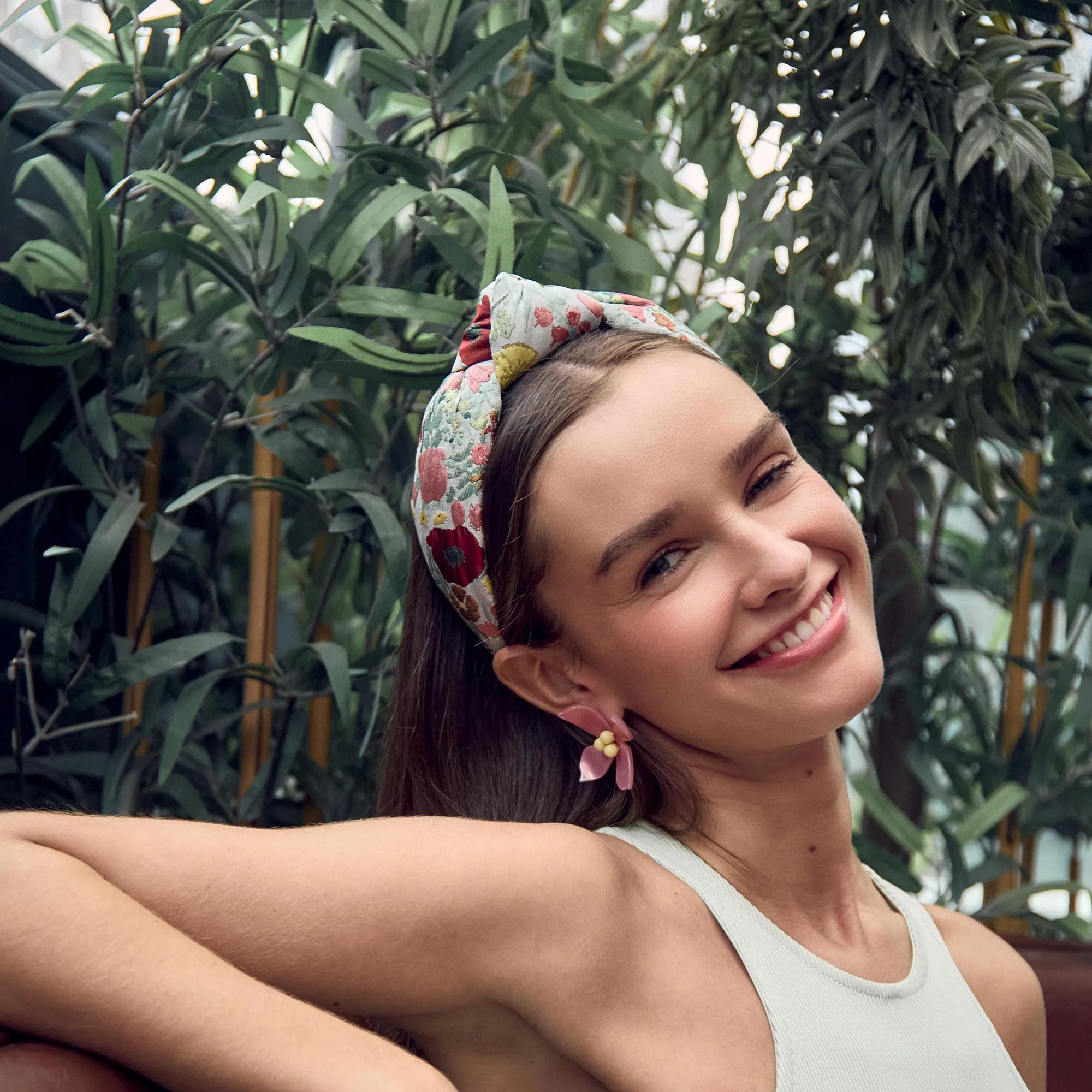 FLORAL MINT KNOTTED FLORAL BROCADE HEADBAND sold by Lele Sadoughi product image thumbnail 4